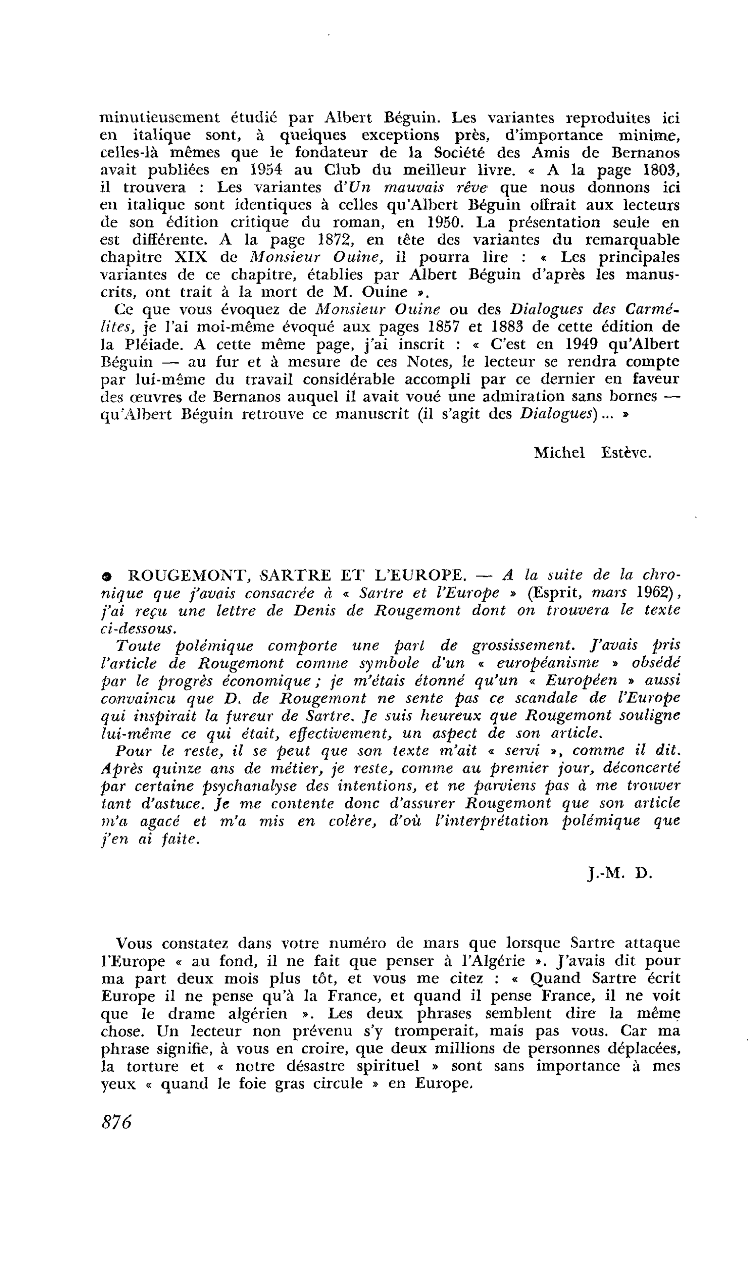 ROUGEMONT, SARTRE ET L’EUROPE