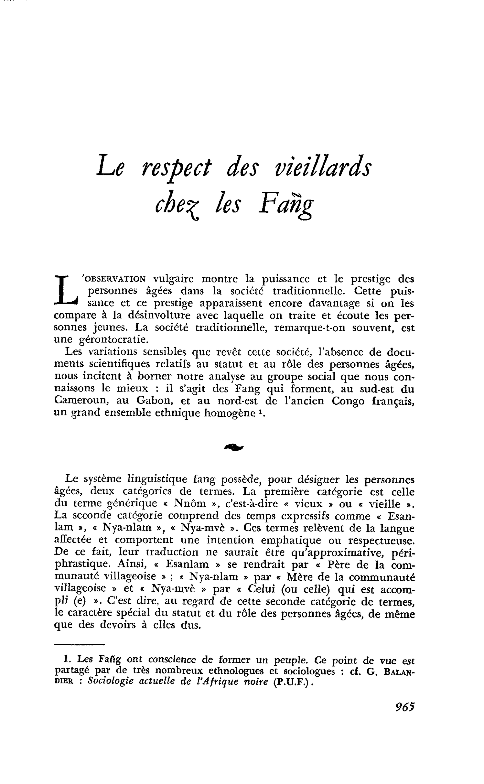 Le respect des vieillards chez les Fañg