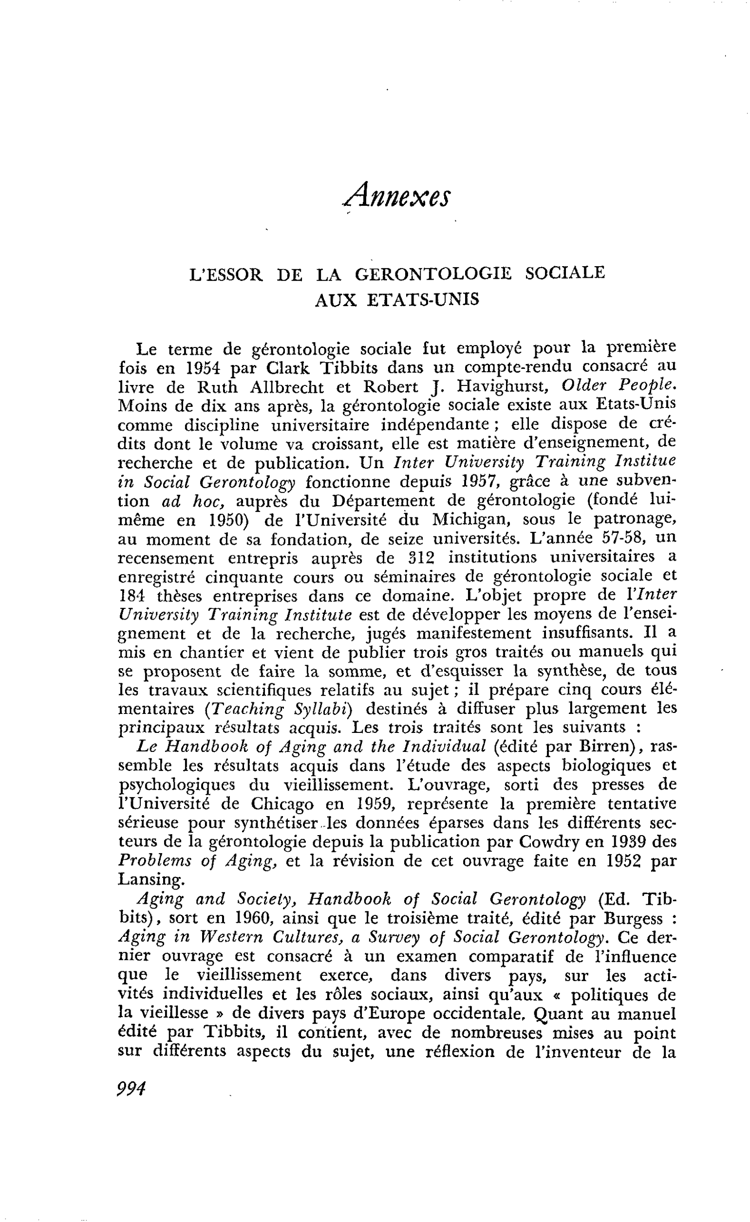 L’ESSOR DE LA GERONTOLOGIE SOCIALE AUX ETATS-UNIS
