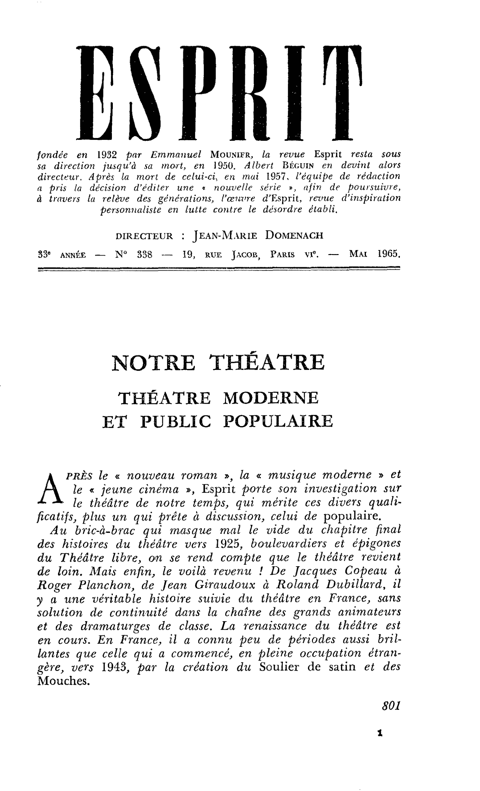 NOTRE THÉATRE THÉÂTRE MODERNE ET PUBLIC POPULAIRE