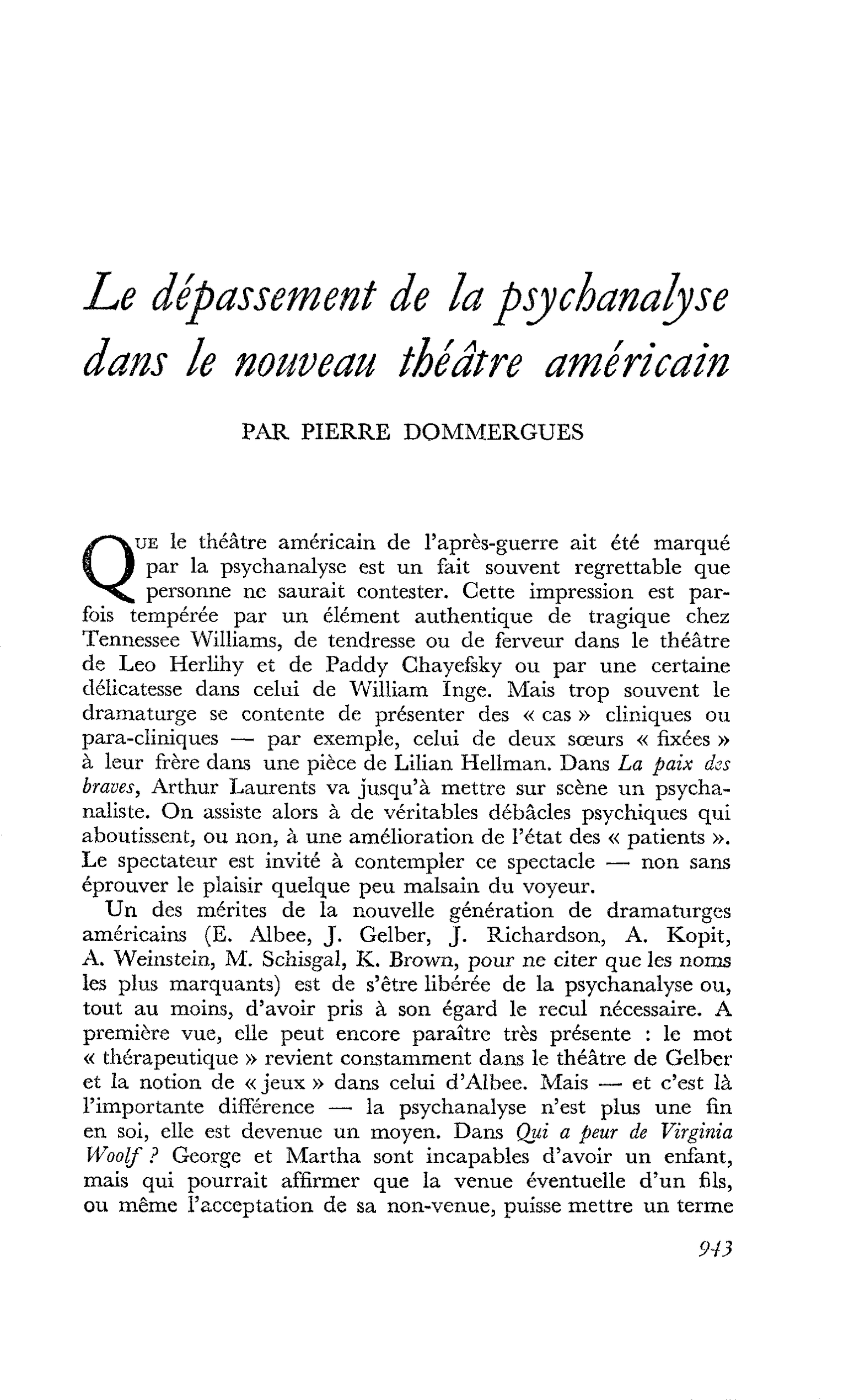 Le dépassement de la psychanalyse dans le nouveau théâtre américain