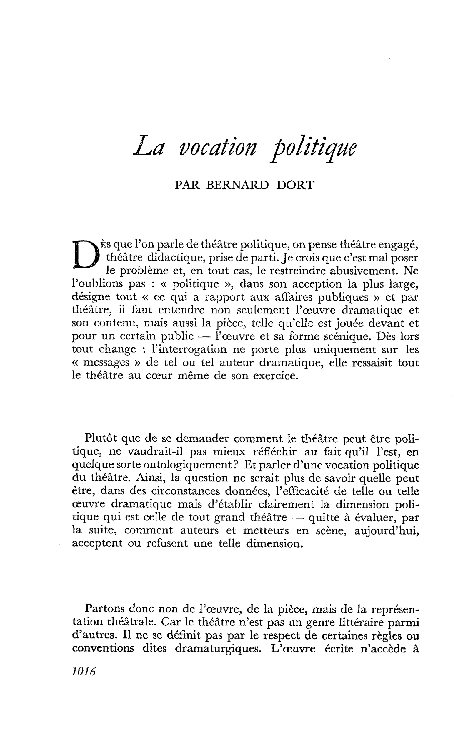 La vocation politique