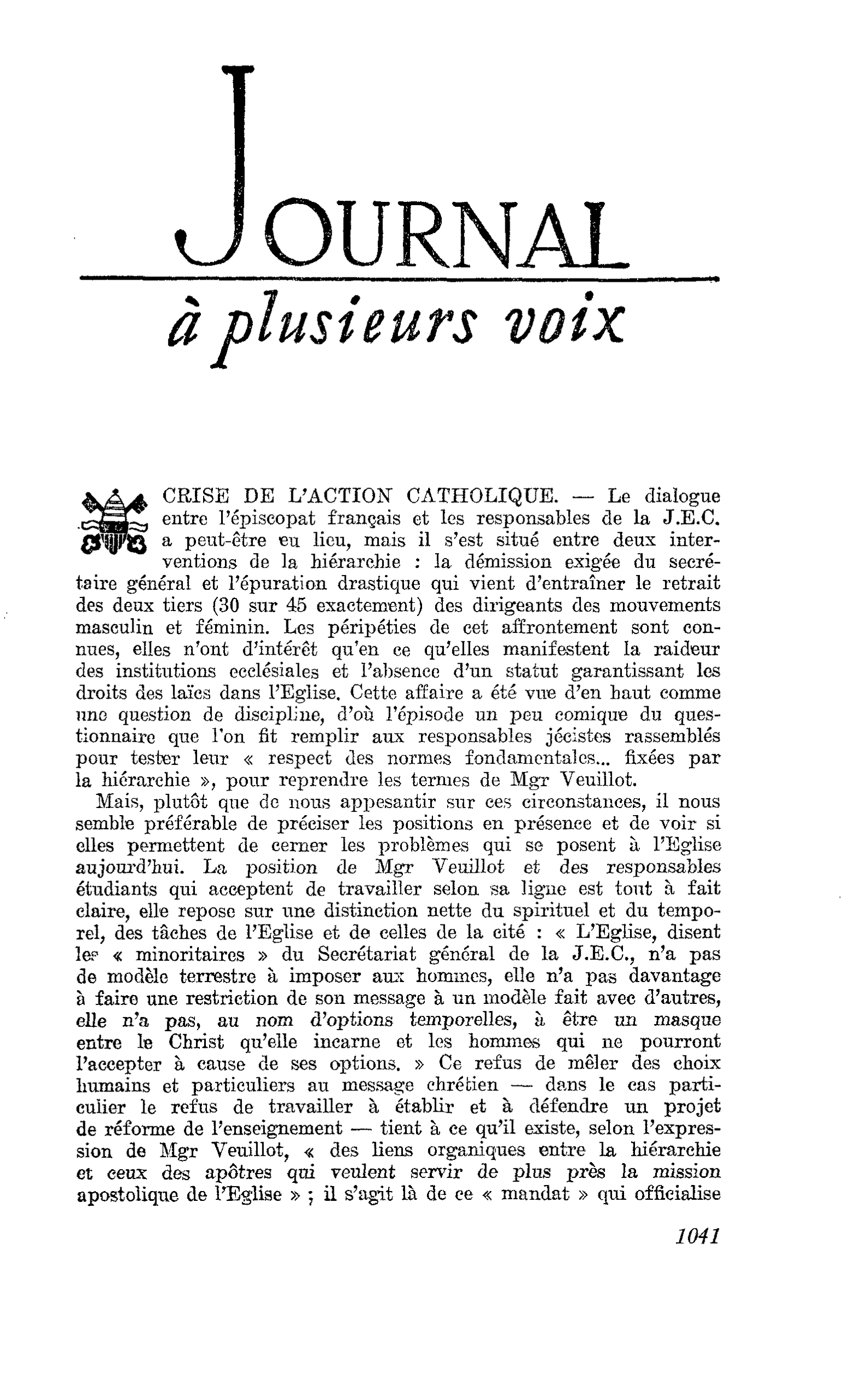 CRISE DE L’ACTION CATHOLIQUE
