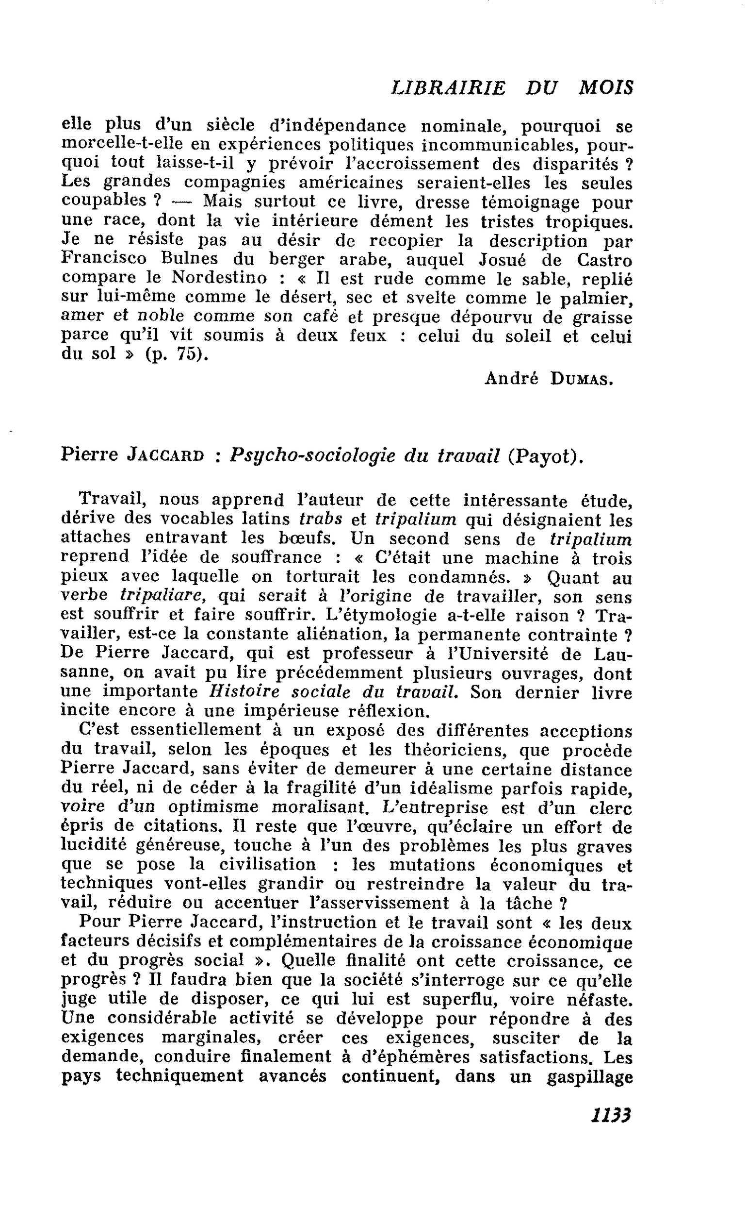 Pierre Jaccard : Psycho-sociologie du travail