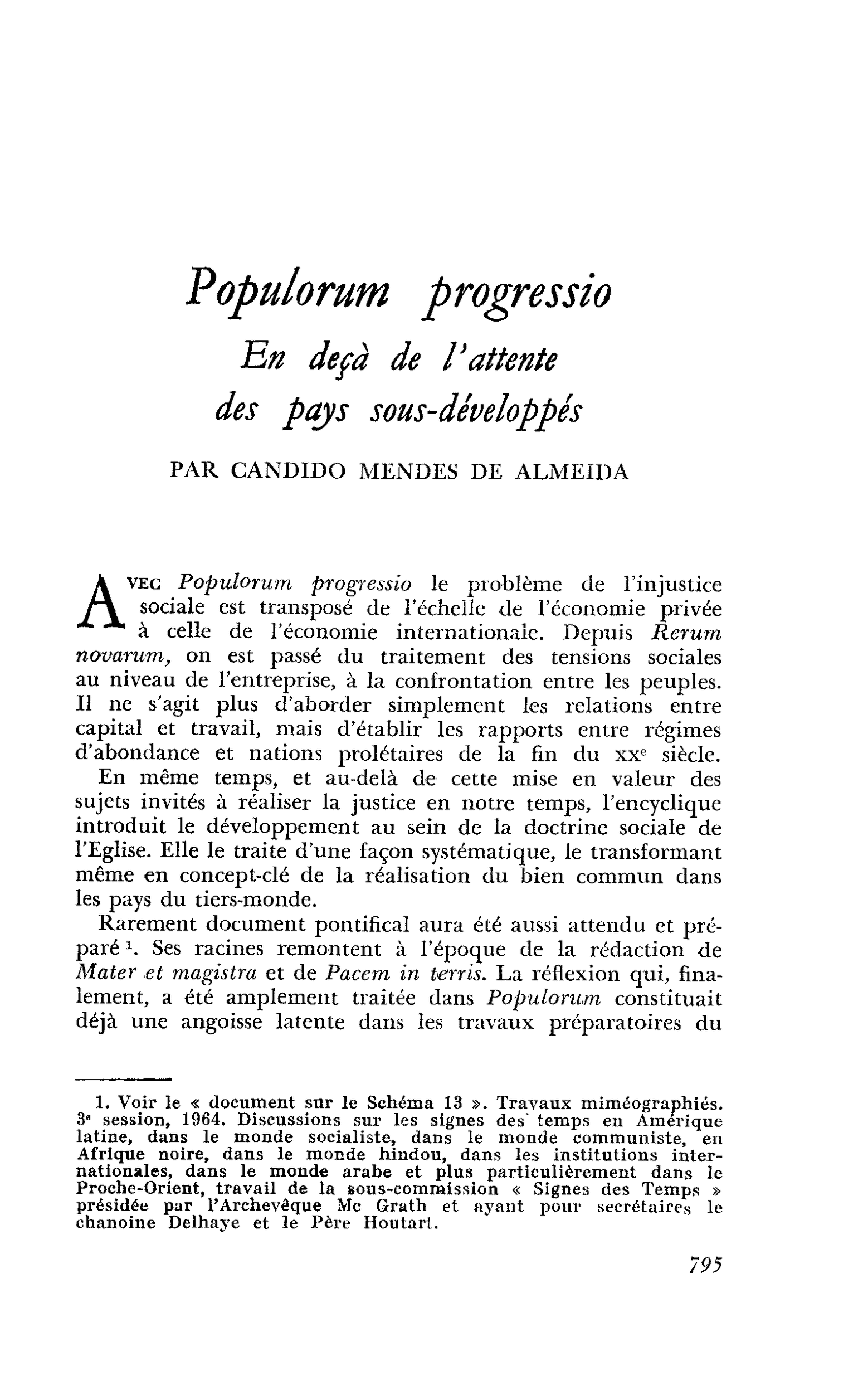 Populorum progressio. En deçà de l’attente des pays sous-développés