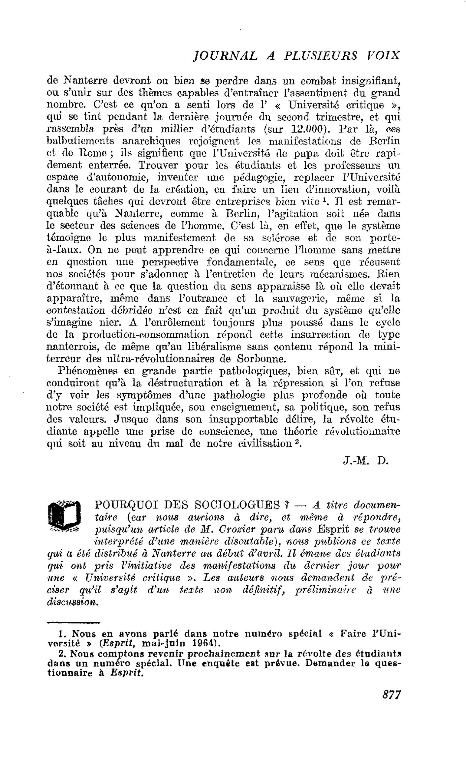 POURQUOI DES SOCIOLOGUES ?