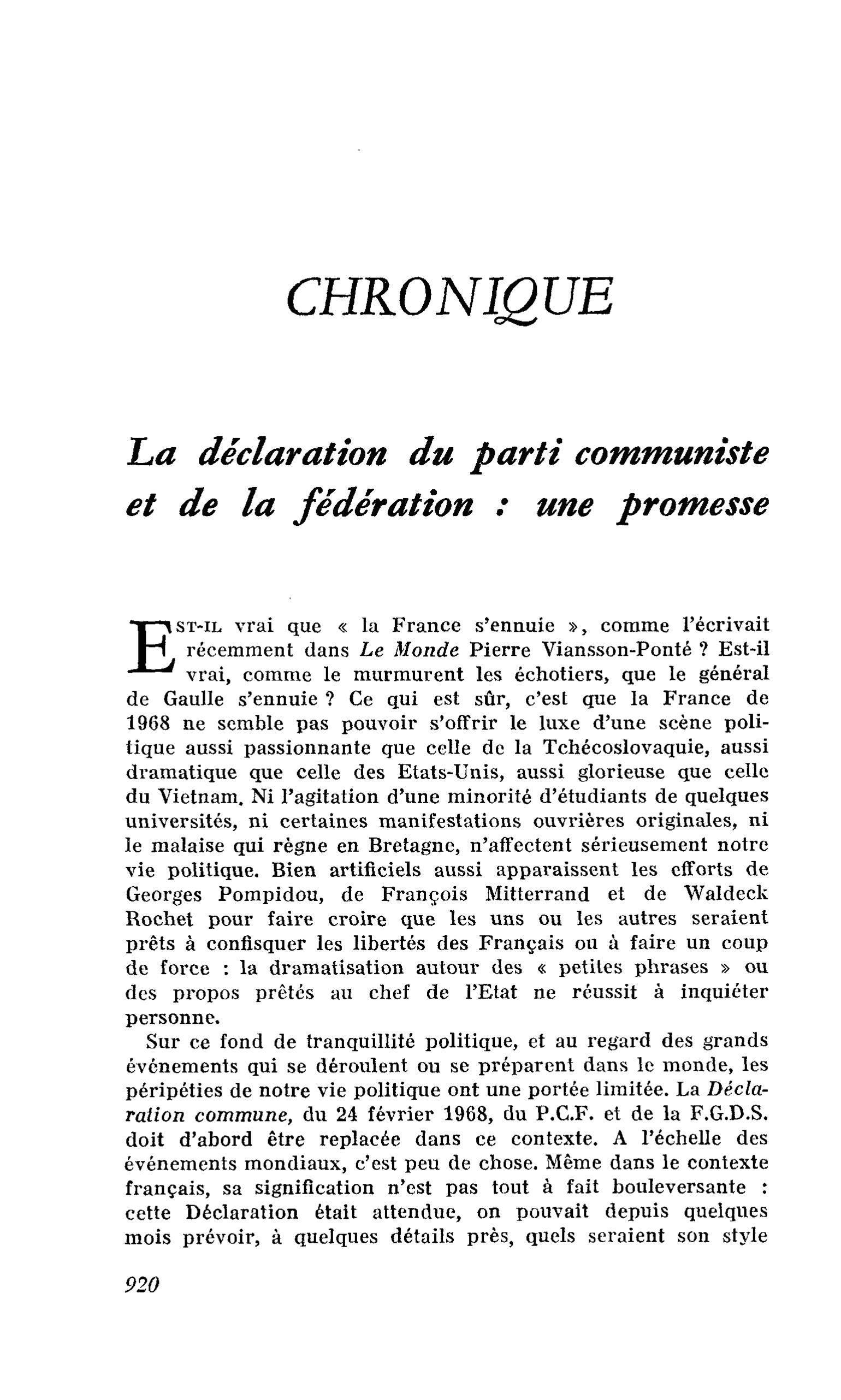 La déclaration du parti communiste et de la fédération : une promesse
