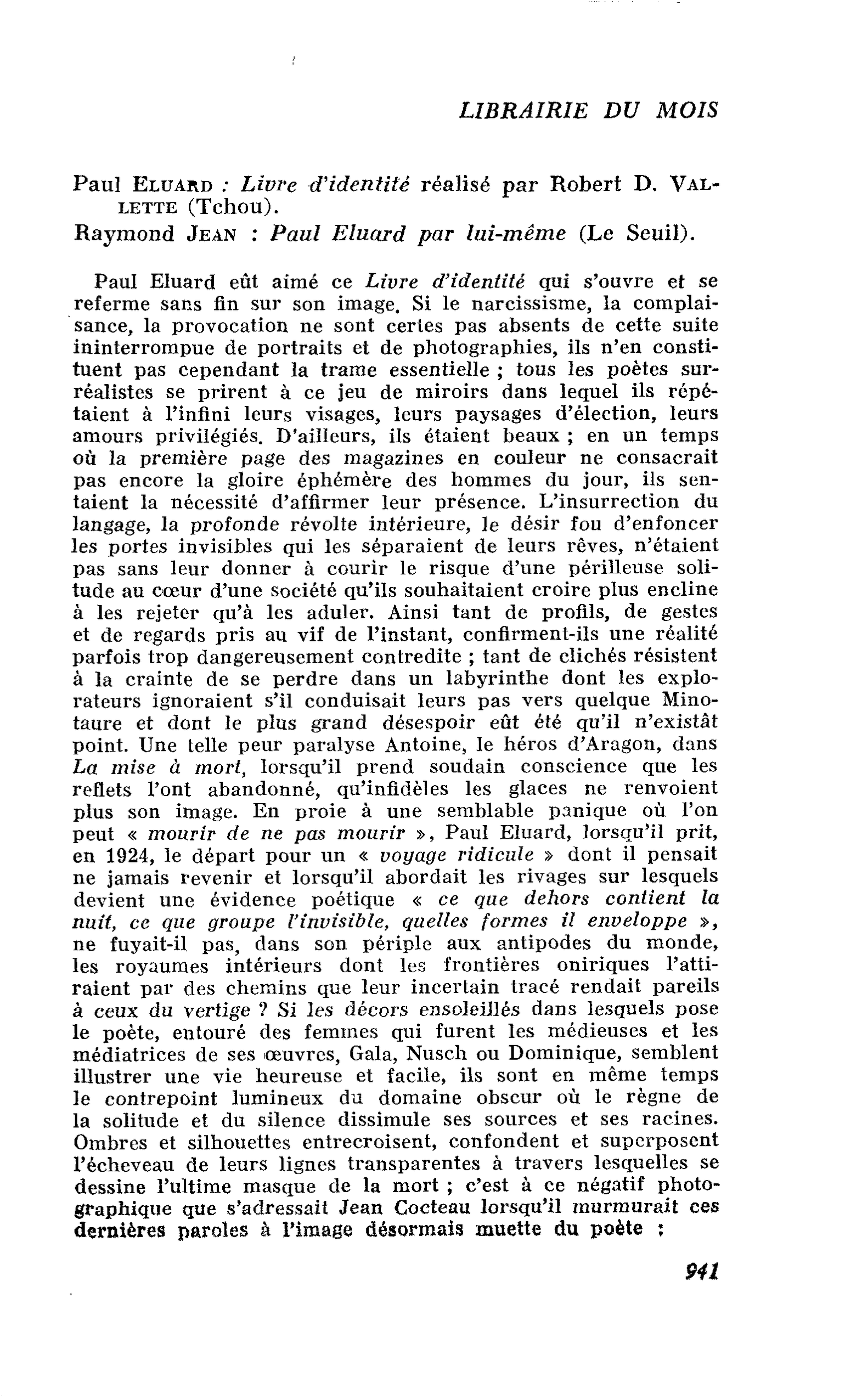 Paul Eluard : Livre d’identité réalisé par Robert D. VALLETTE. Raymond Jean : Paul Eluard par lui-même