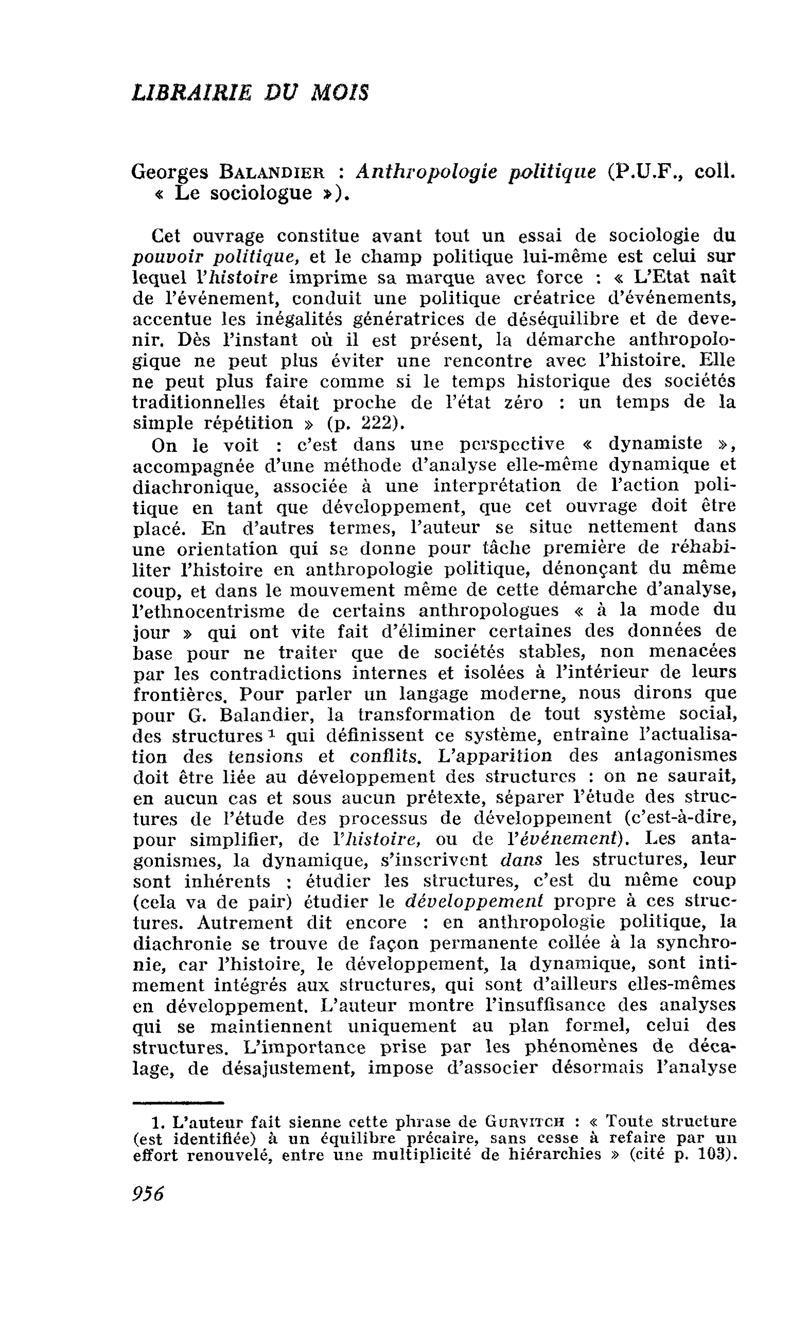 Georges Balandier : Anthropologie politique