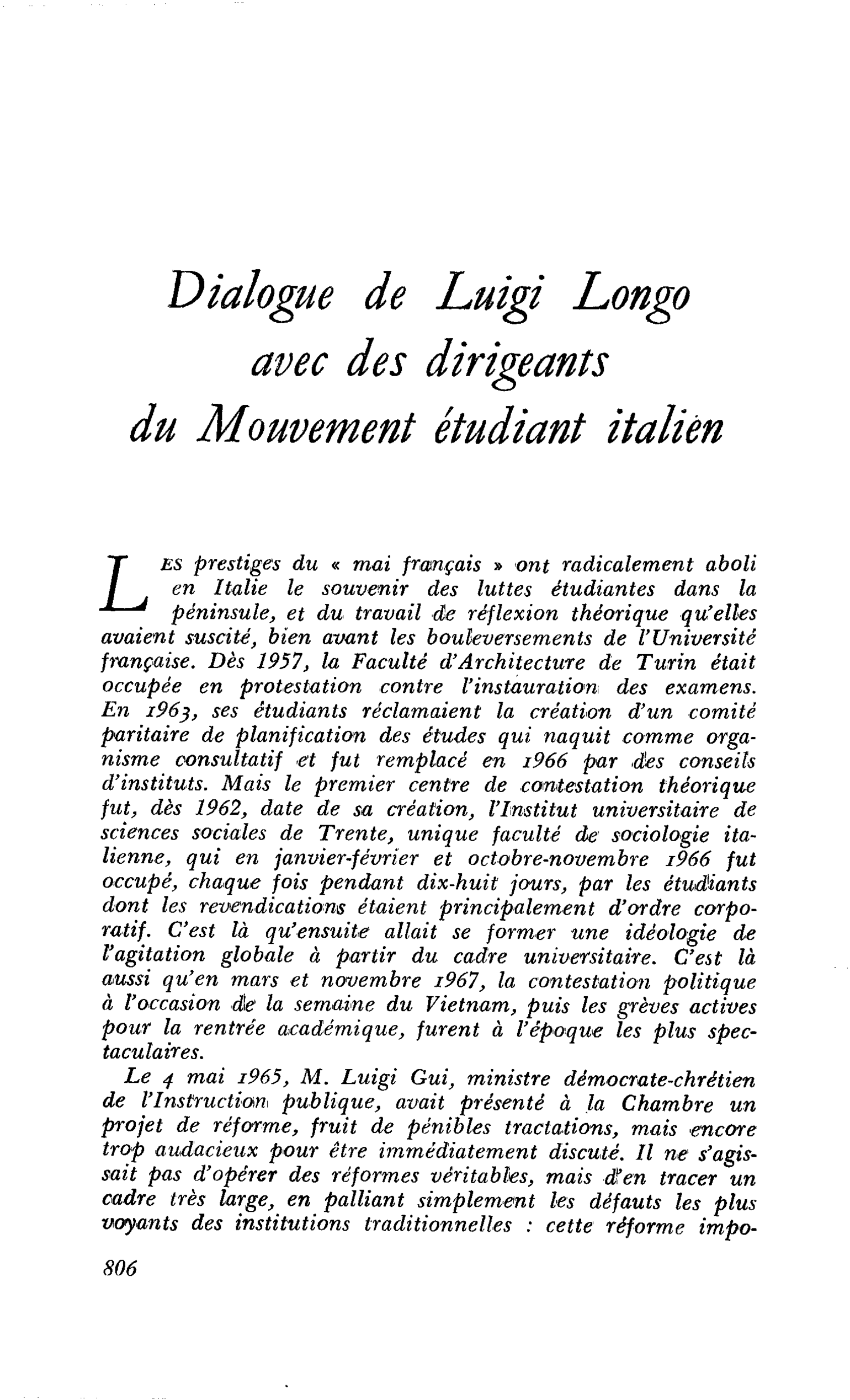 Dialogue de Luigi Longo avec des dirigeants du Mouvement étudiant italien
