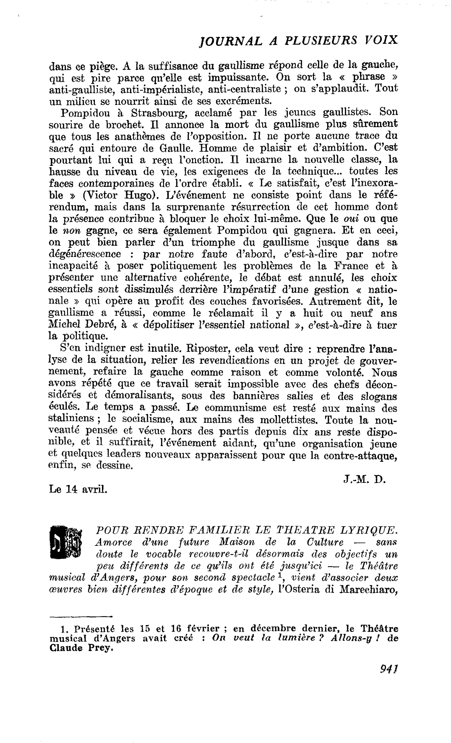POUR RENDRE FAMILIER LE THEATRE LYRIQUE