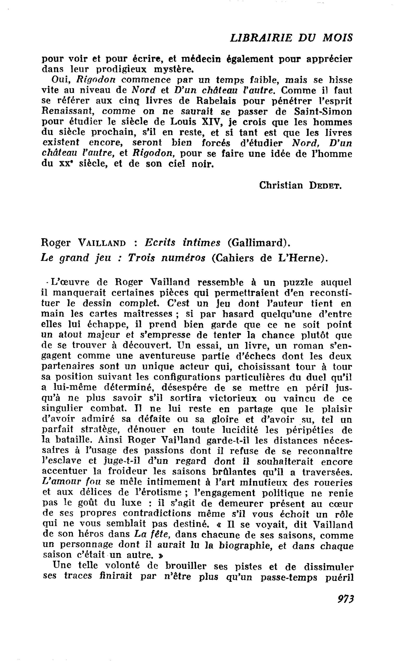 Roger Vailland : Ecrits intimes. Le grand jeu : Trois numéros