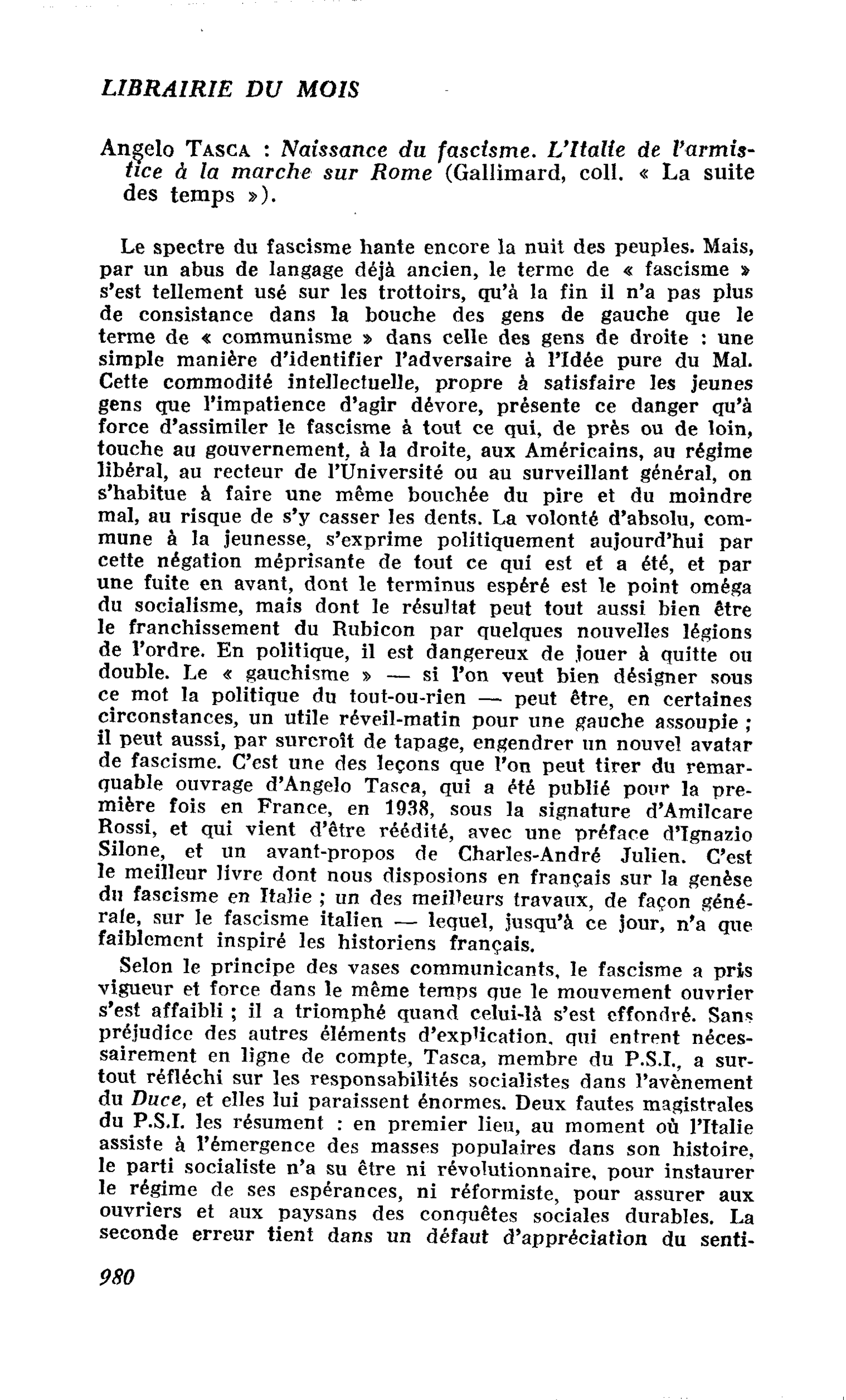 Angelo Tasca : Naissance du fascisme. L’Italie de l’armistice à la marche sur Rome