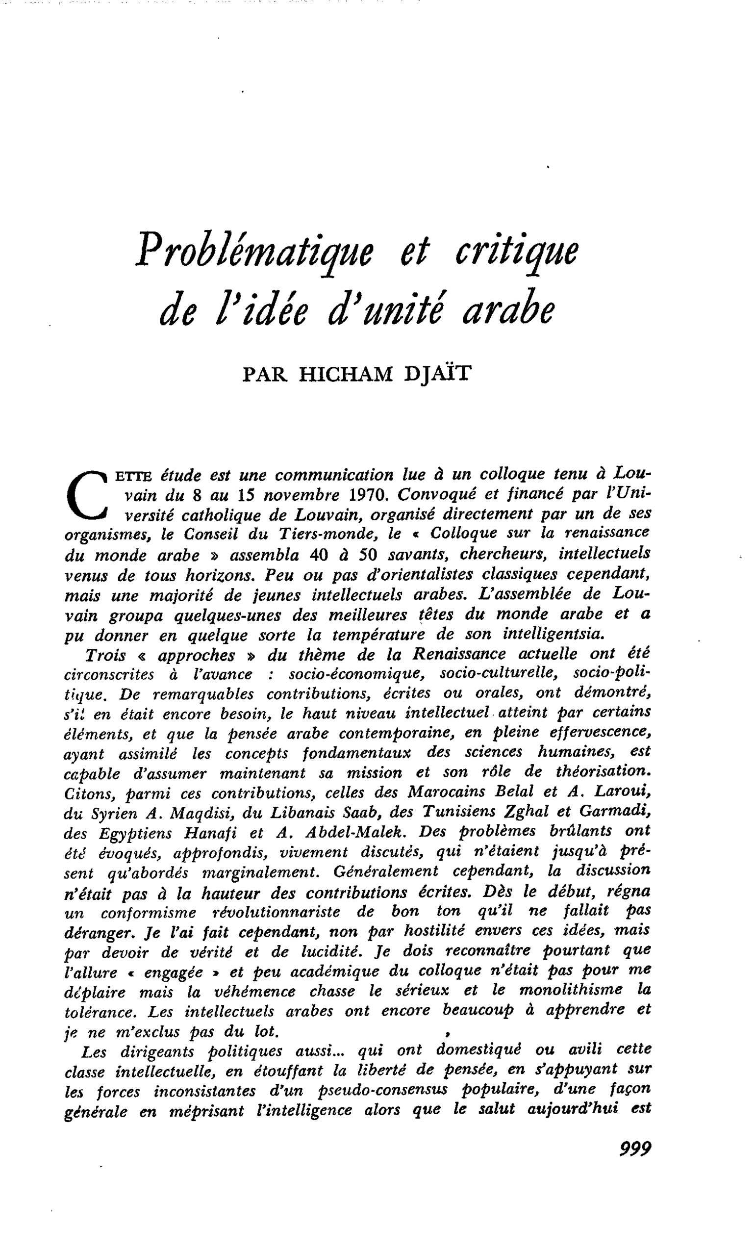 Problématique et critique de l’idée d’unité arabe