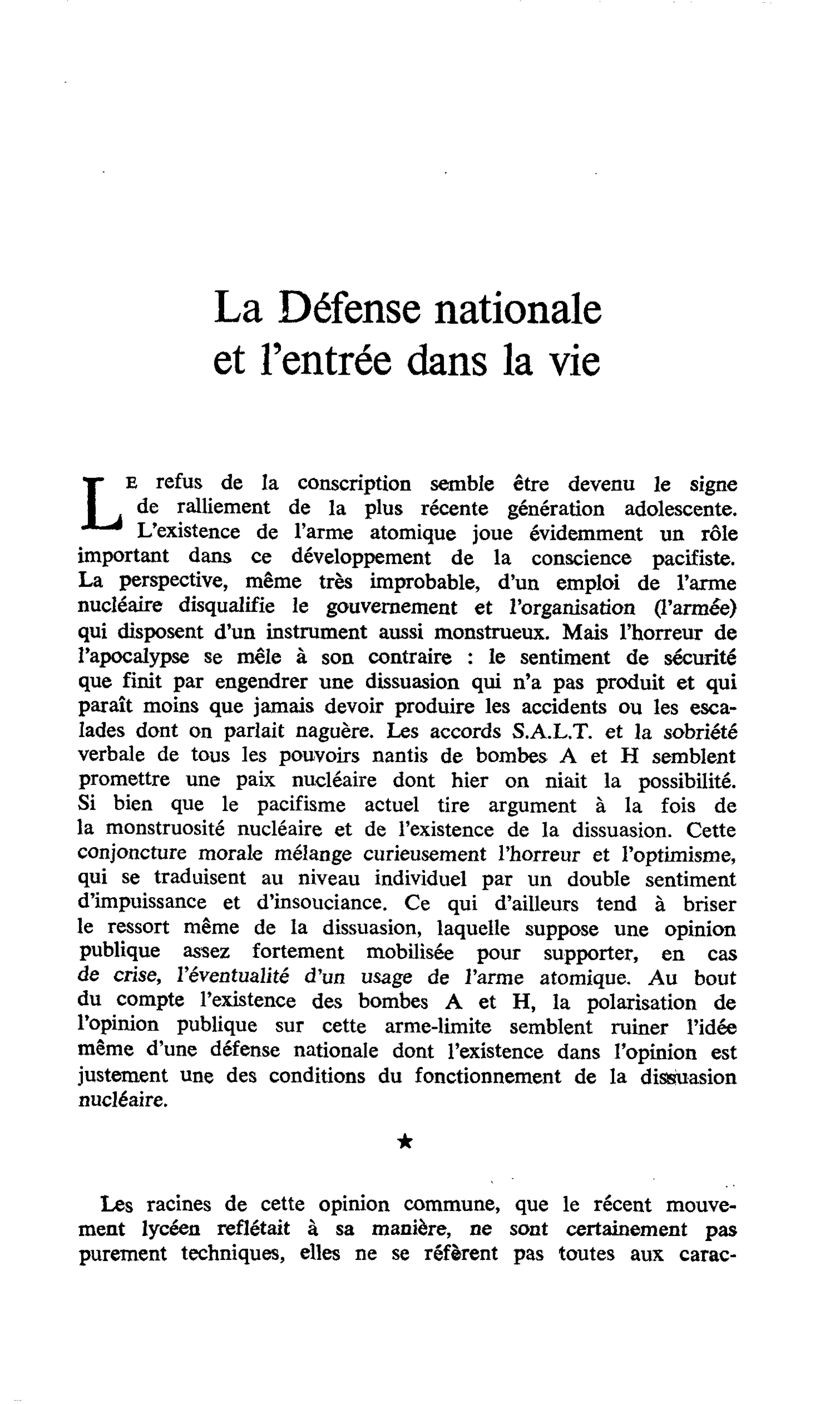 La Défense nationale et l’entrée dans la vie