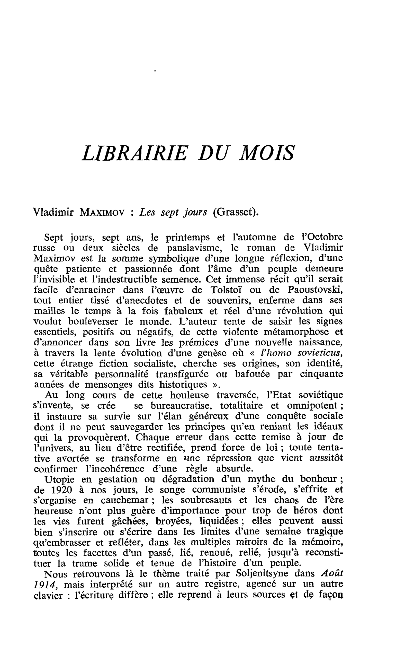 Vladimir Maximov : Les sept jours