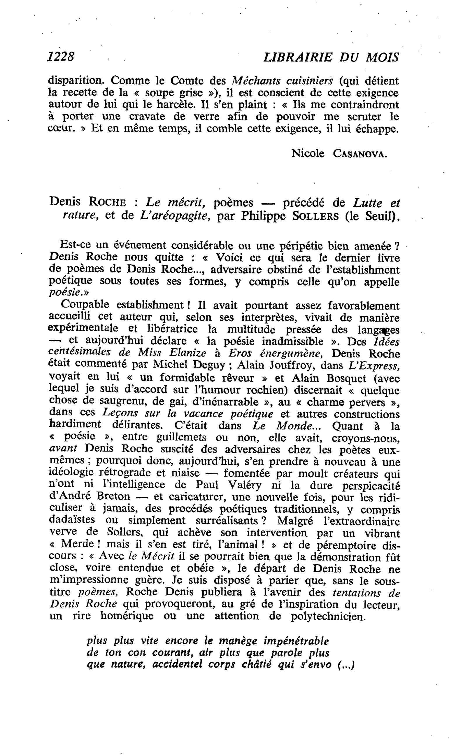Denis Roche : Le mécrit, poèmes ? précédé de Lutte et rature, et de L’aréopagite, par Philippe Sollers