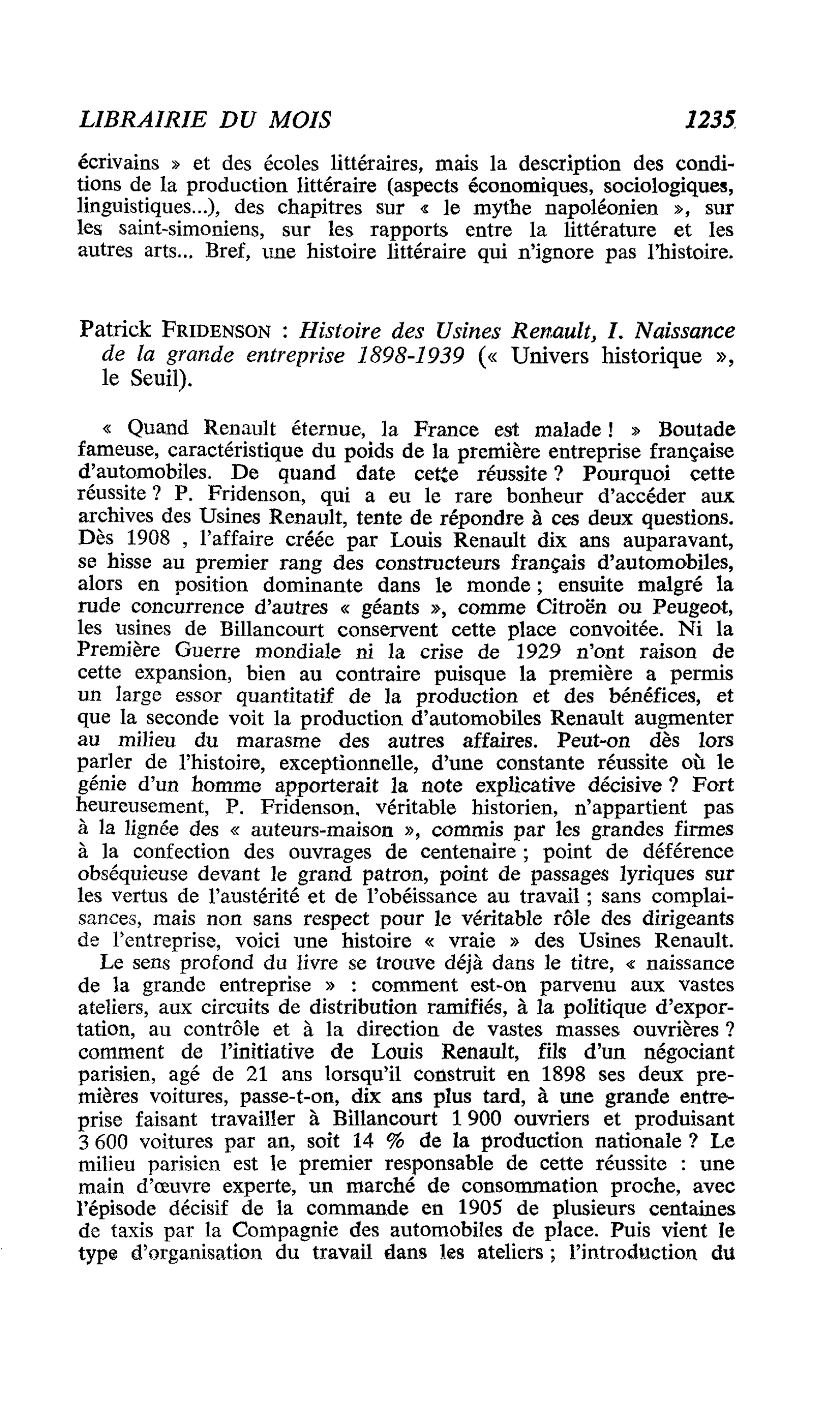 Patrick Fridenson : Histoire des Usines Renault, I. Naissance de la grande entreprise 1898-1939