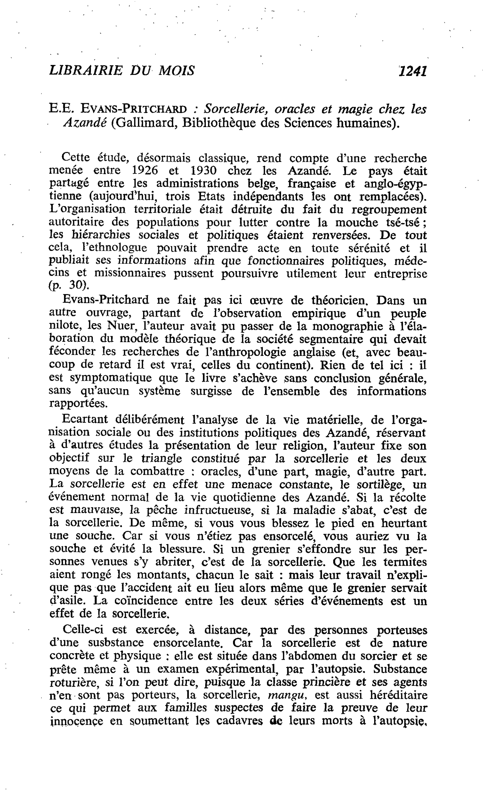 E.E. Evans-Pritchard : Sorcellerie, oracles et magie chez les Azandé