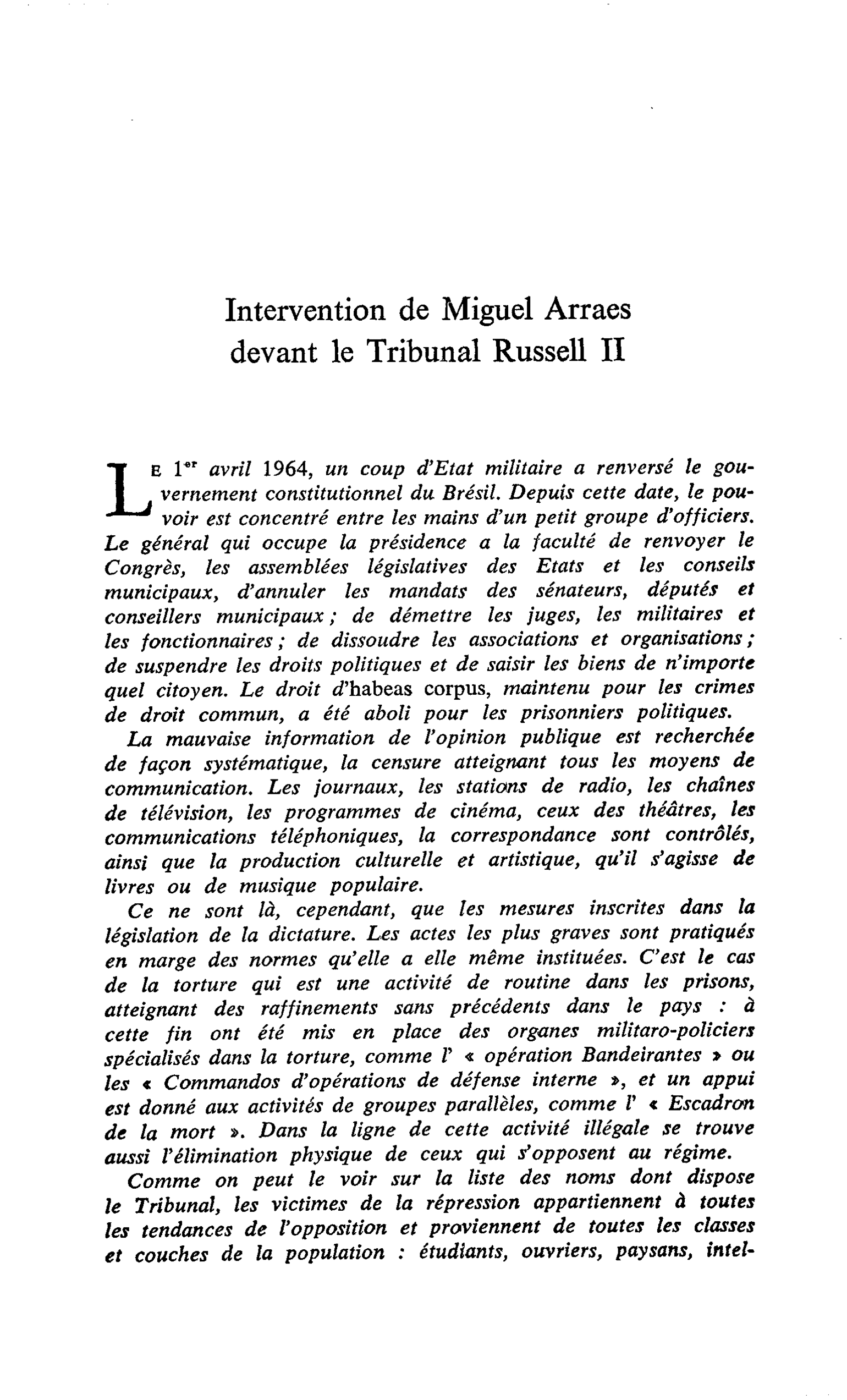 Intervention de Miguel Arraes devant le Tribunal Russell II