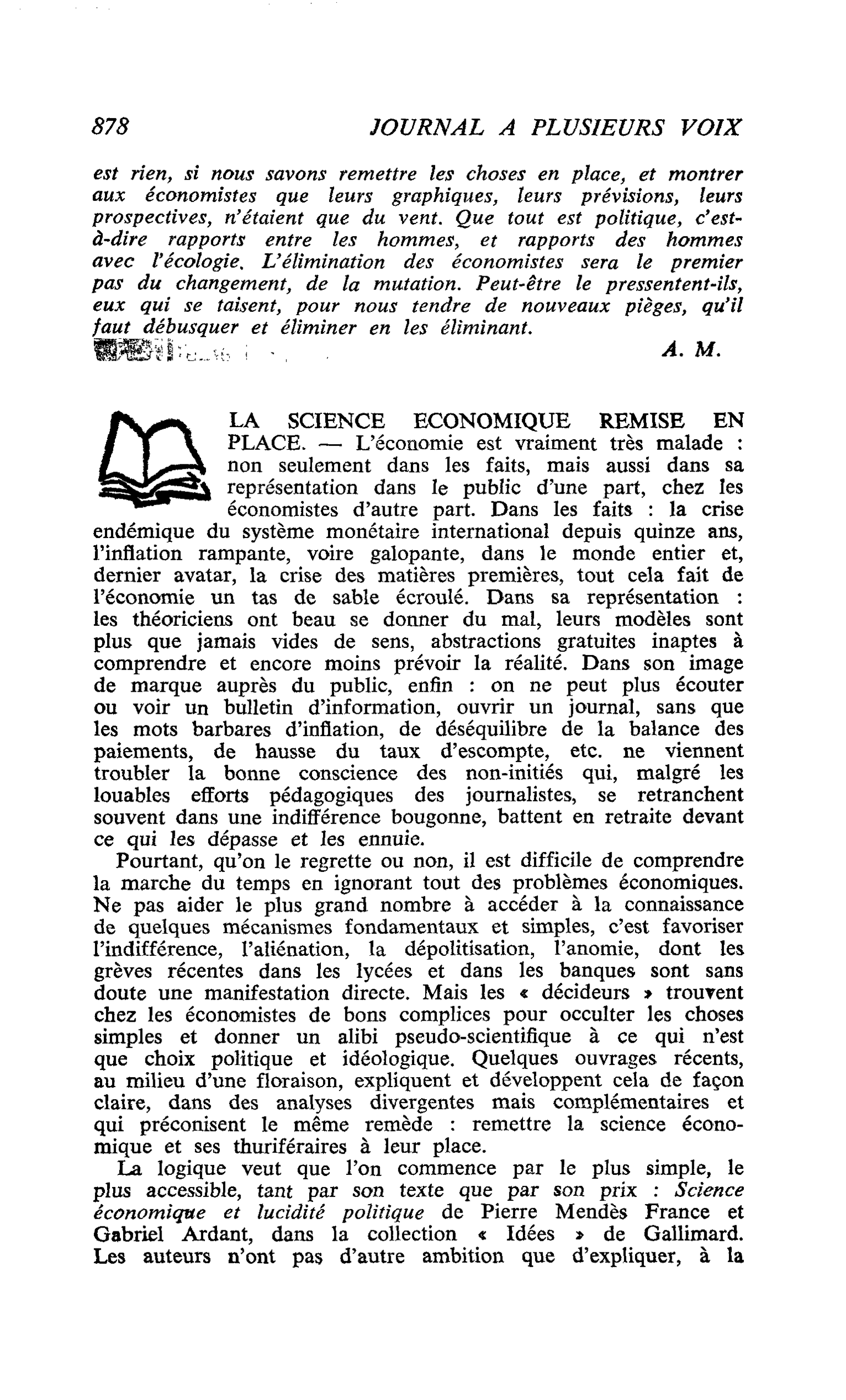 LA SCIENCE ECONOMIQUE REMISE EN PLACE