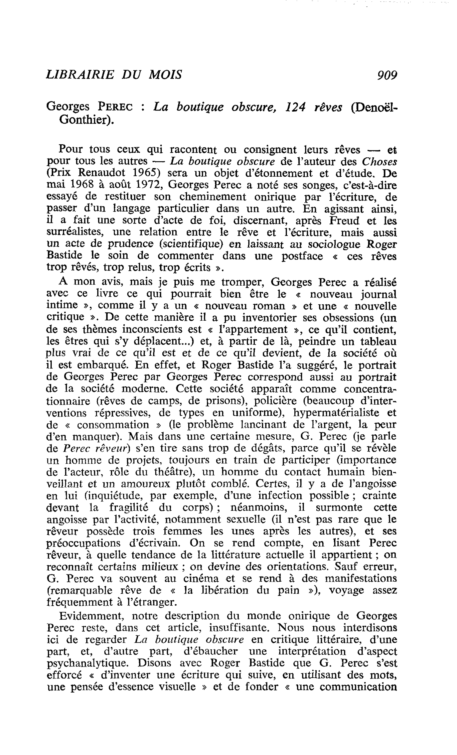 Georges Perec : La boutique obscure, 124 rêves