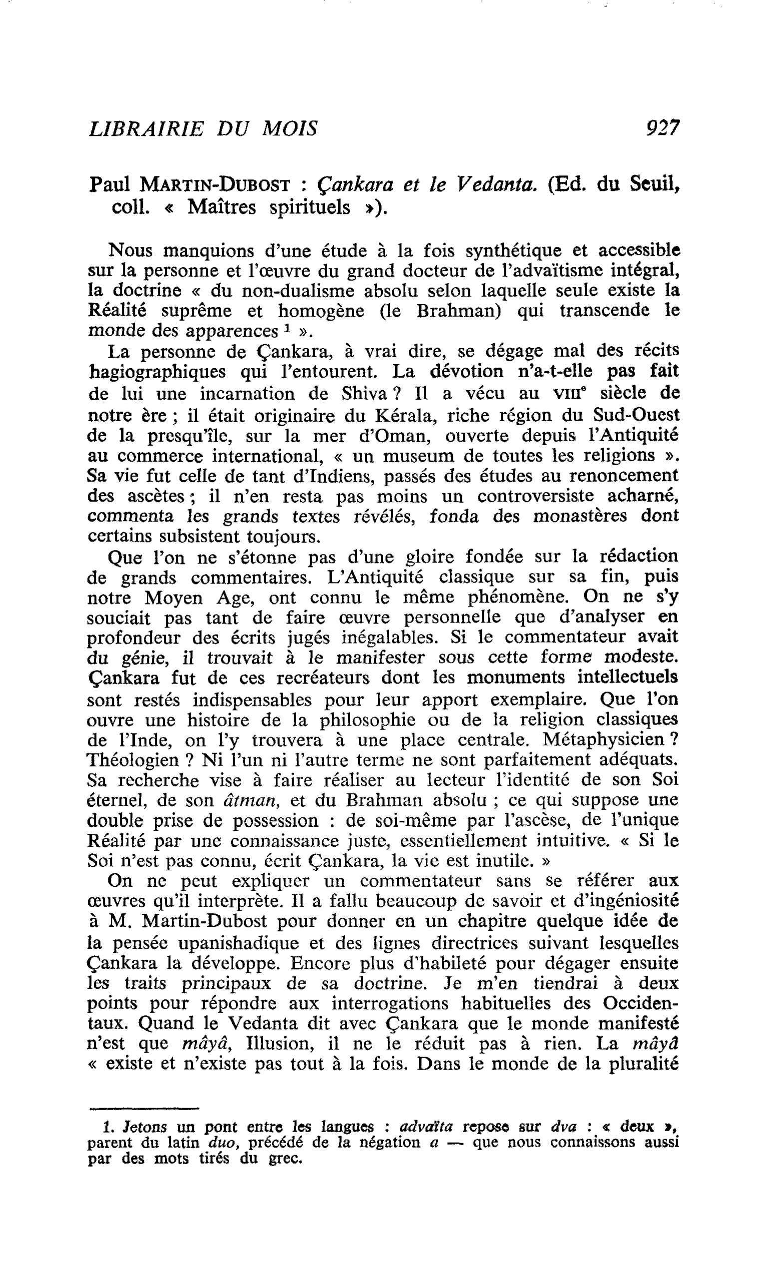 Paul Martin-Dubost : Çankara et le Vedanta