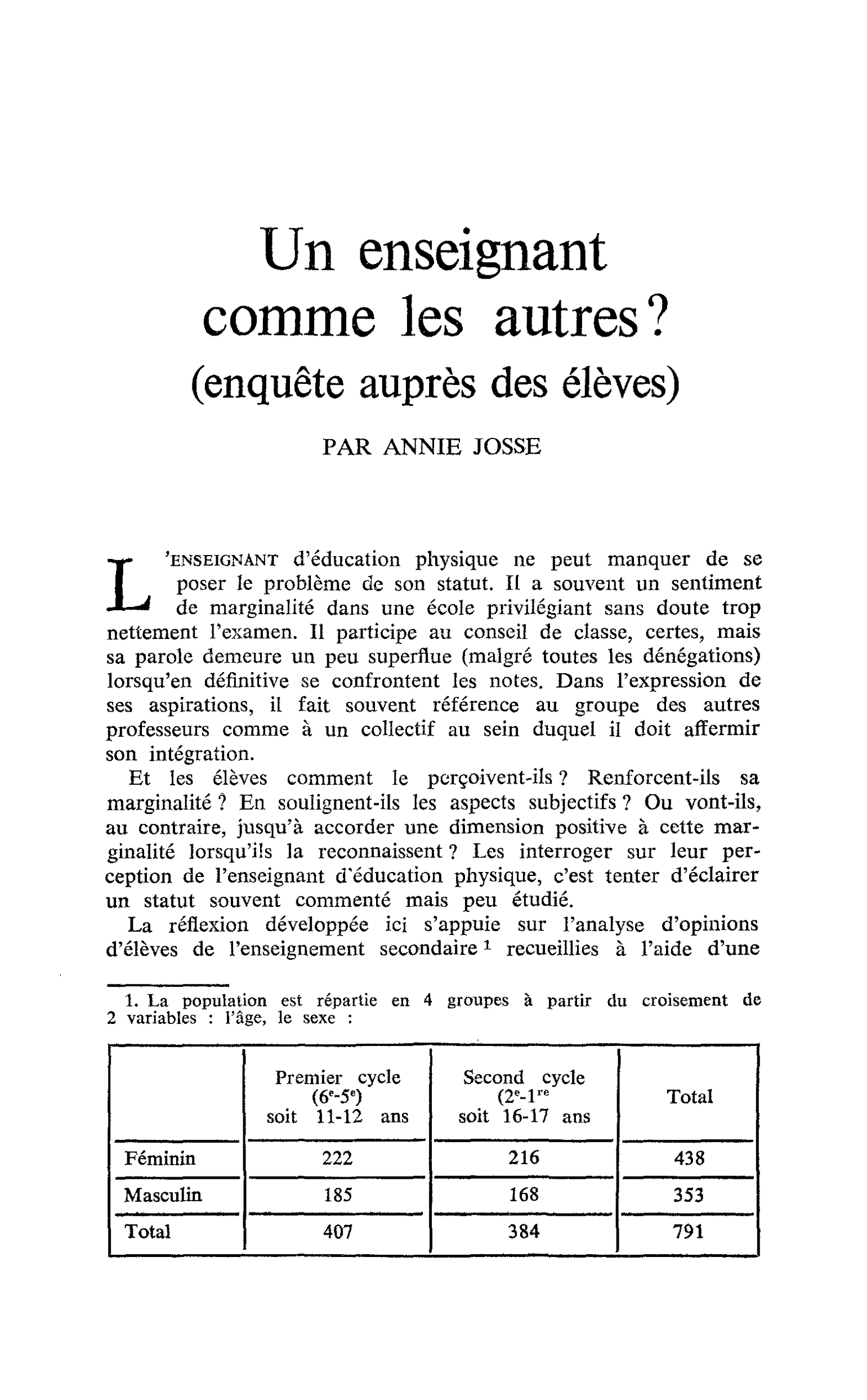 Un enseignant comme les autres? (enquête auprès des élèves)