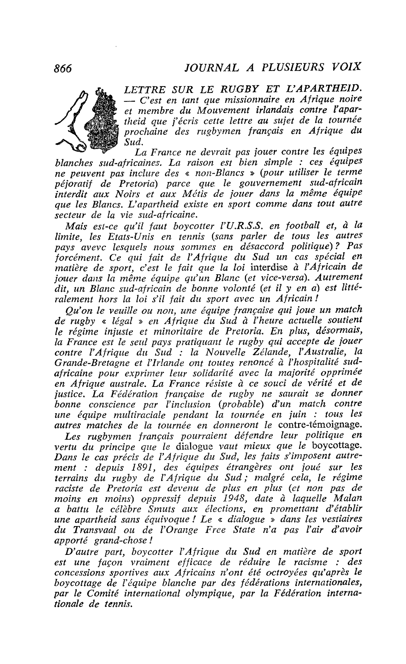 LETTRE SUR LE RUGBY ET L’APARTHEID