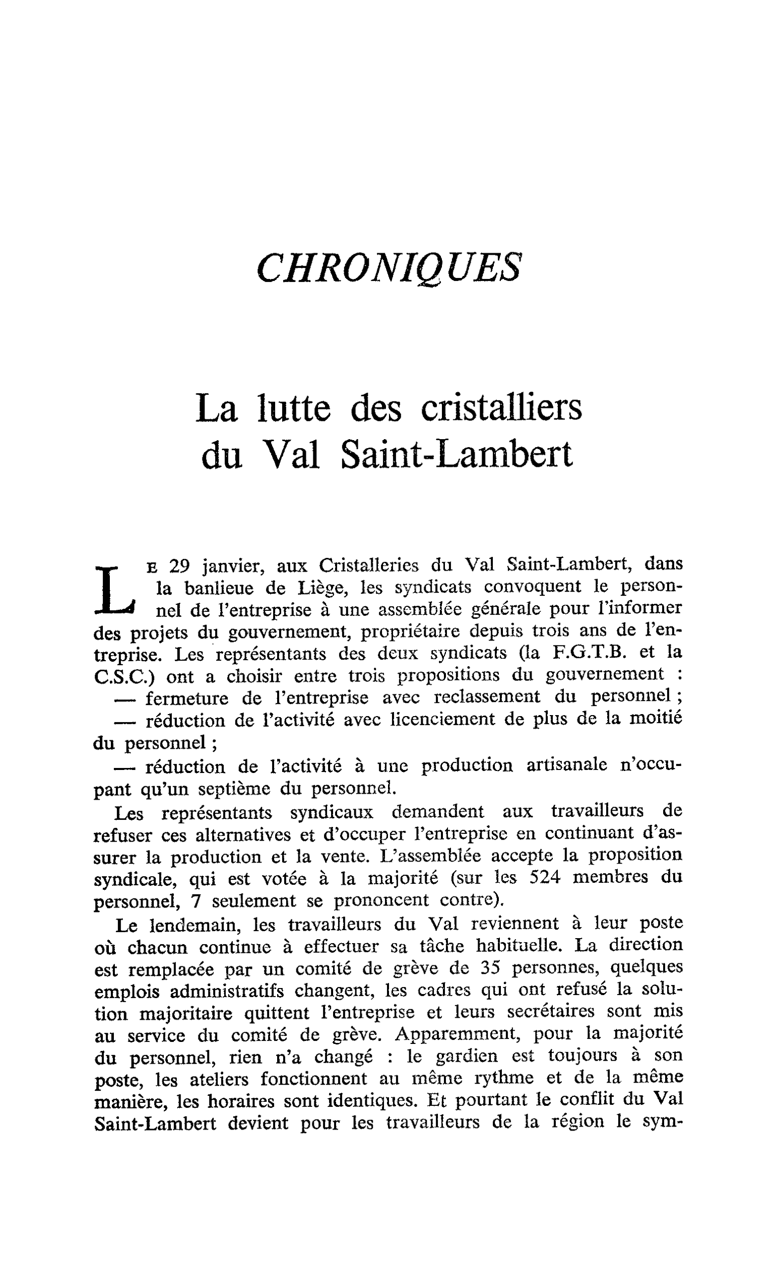 La lutte des cristalliers du Val Saint-Lambert