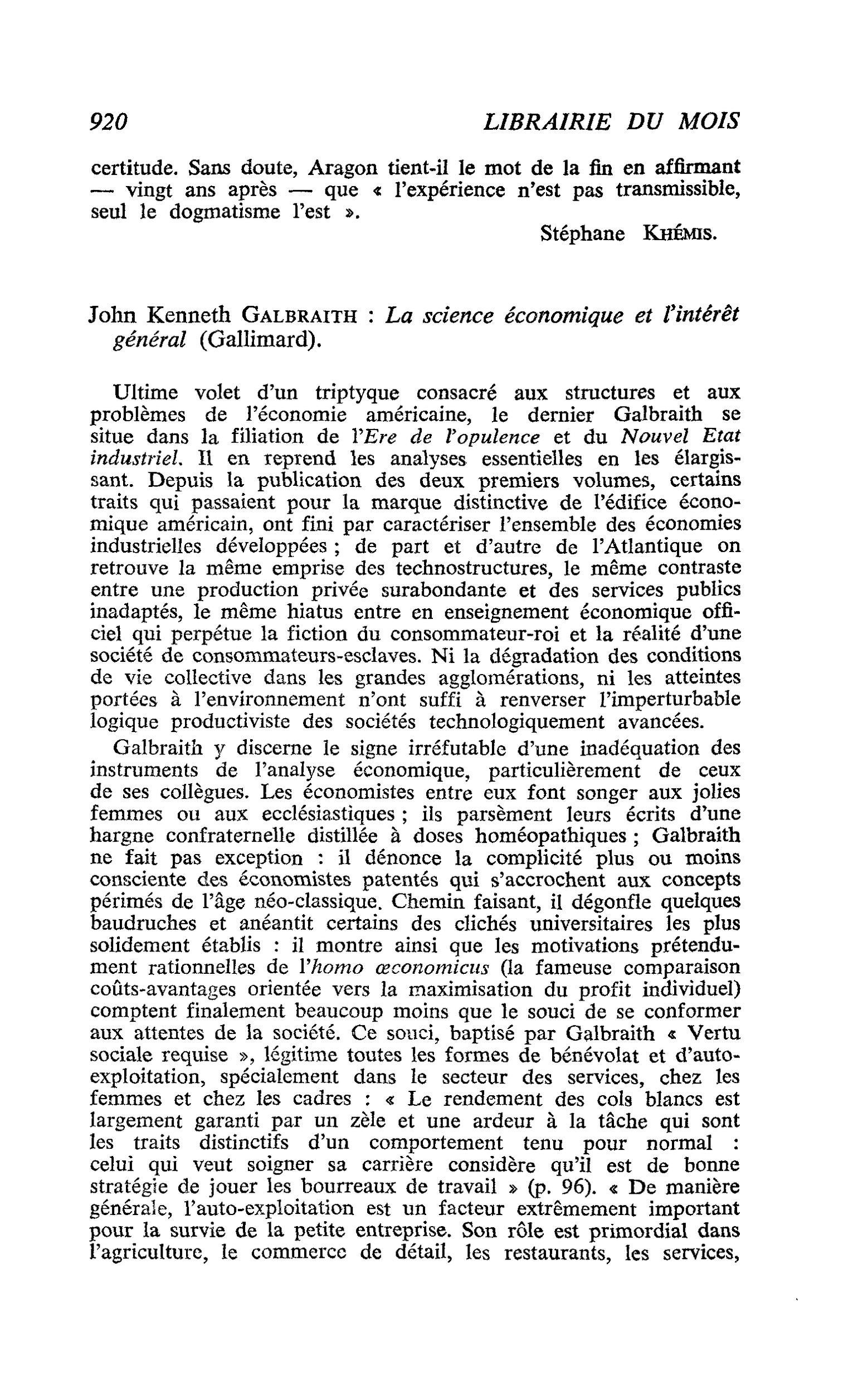 John Kenneth Galbraith : La science économique et l’intérêt général