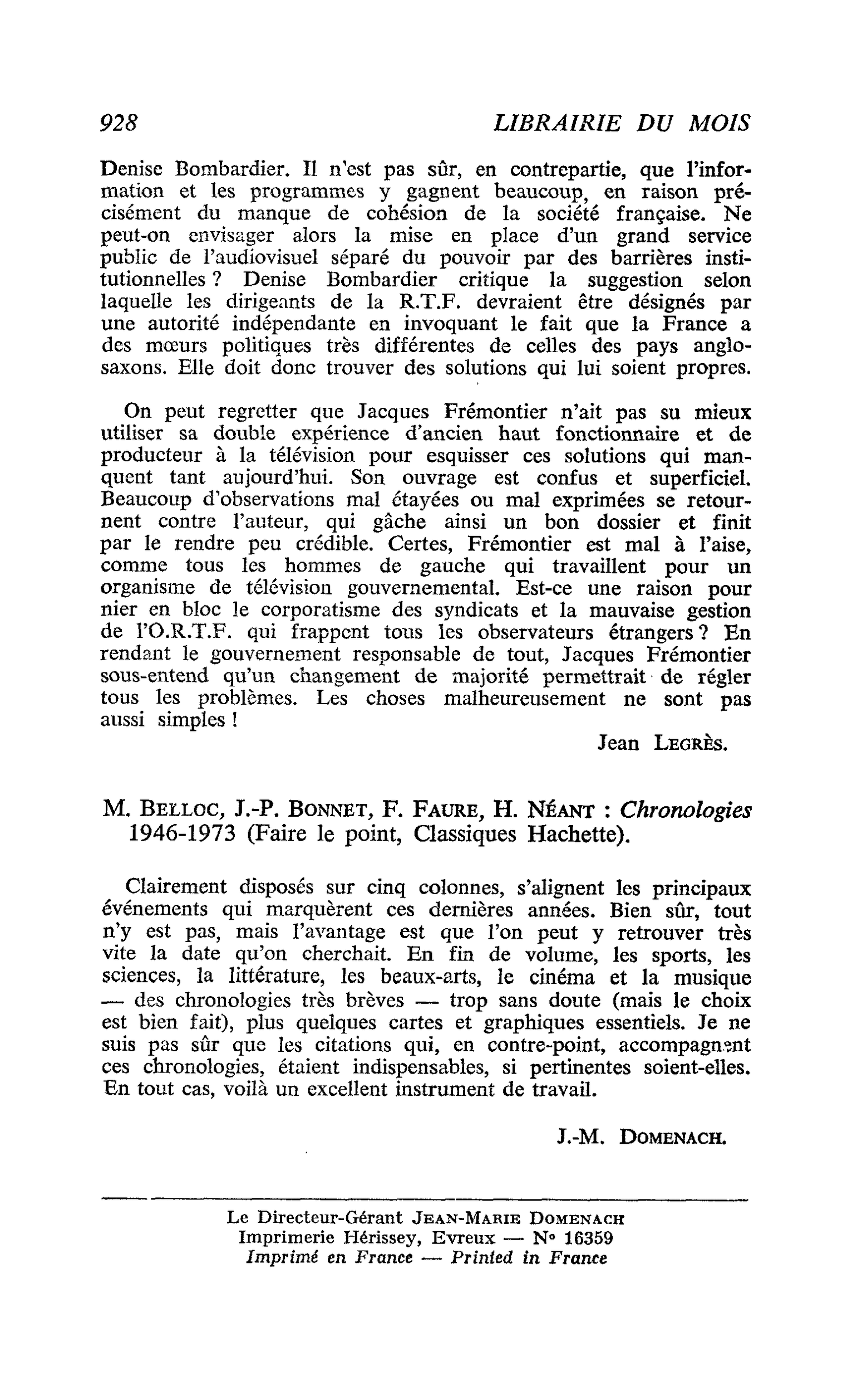 M. Belloc, J.-P. Bonnet, F. Faure, H. NÉant : Chronologies 1946-1973