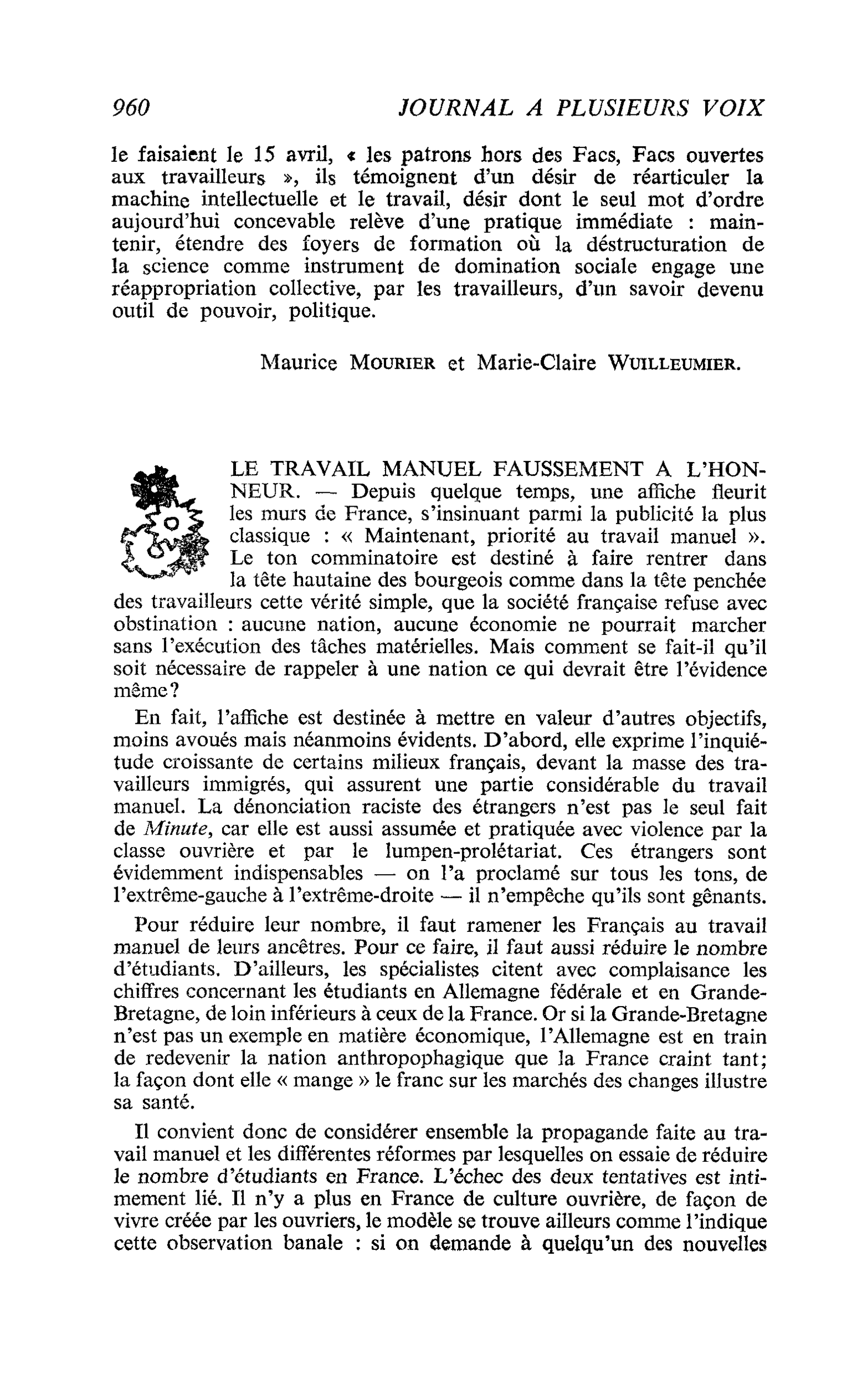 LE TRAVAIL MANUEL FAUSSEMENT A L’HONNEUR