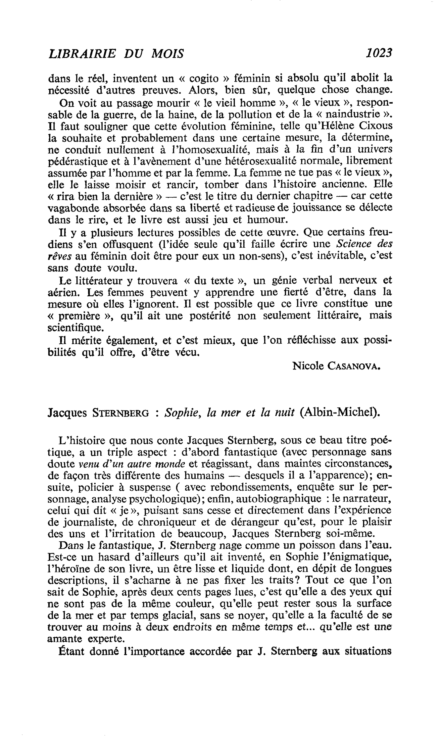 Jacques Sternberg : Sophie, la mer et la nuit