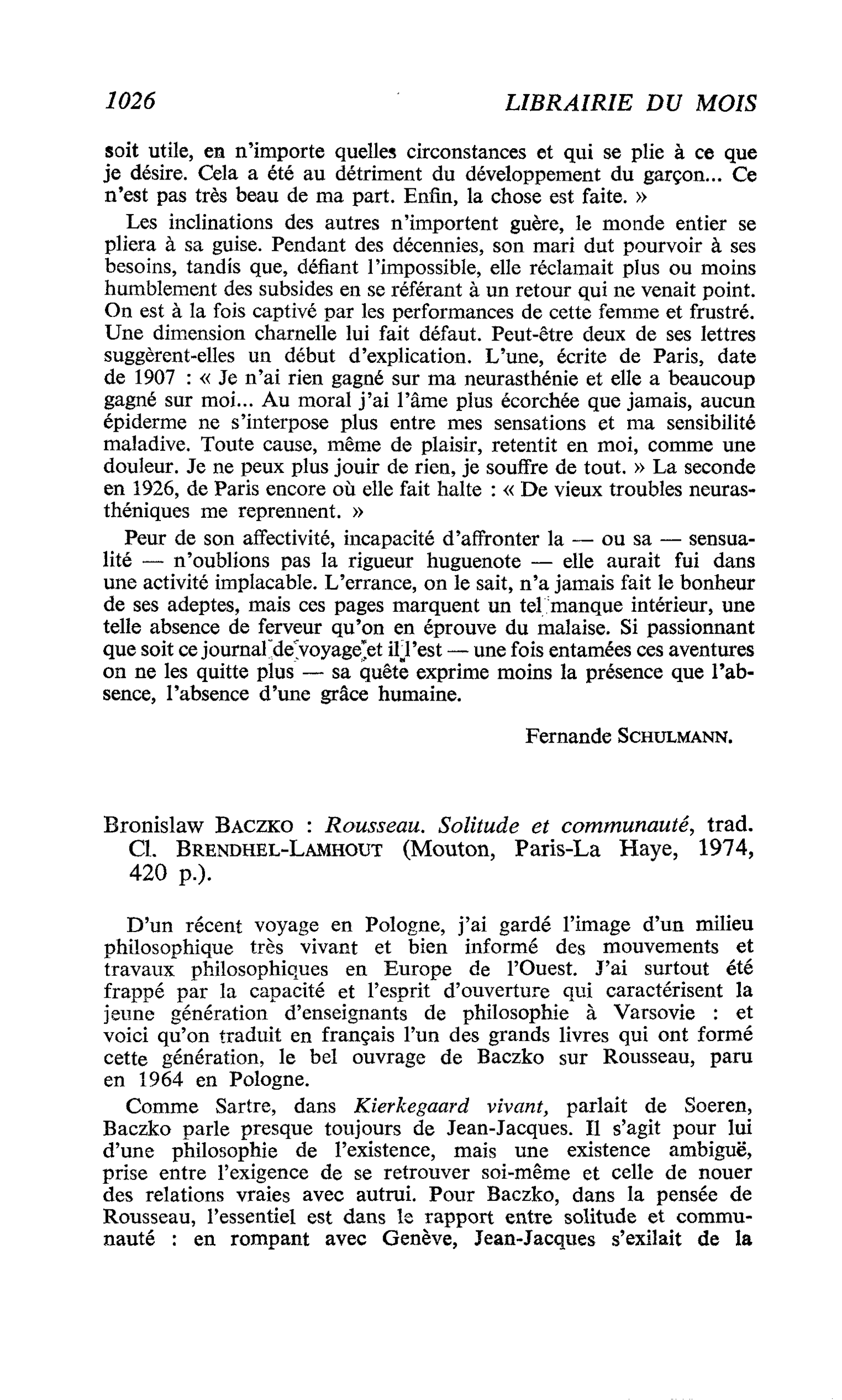 Bronislaw Baczko : Rousseau. Solitude et communauté