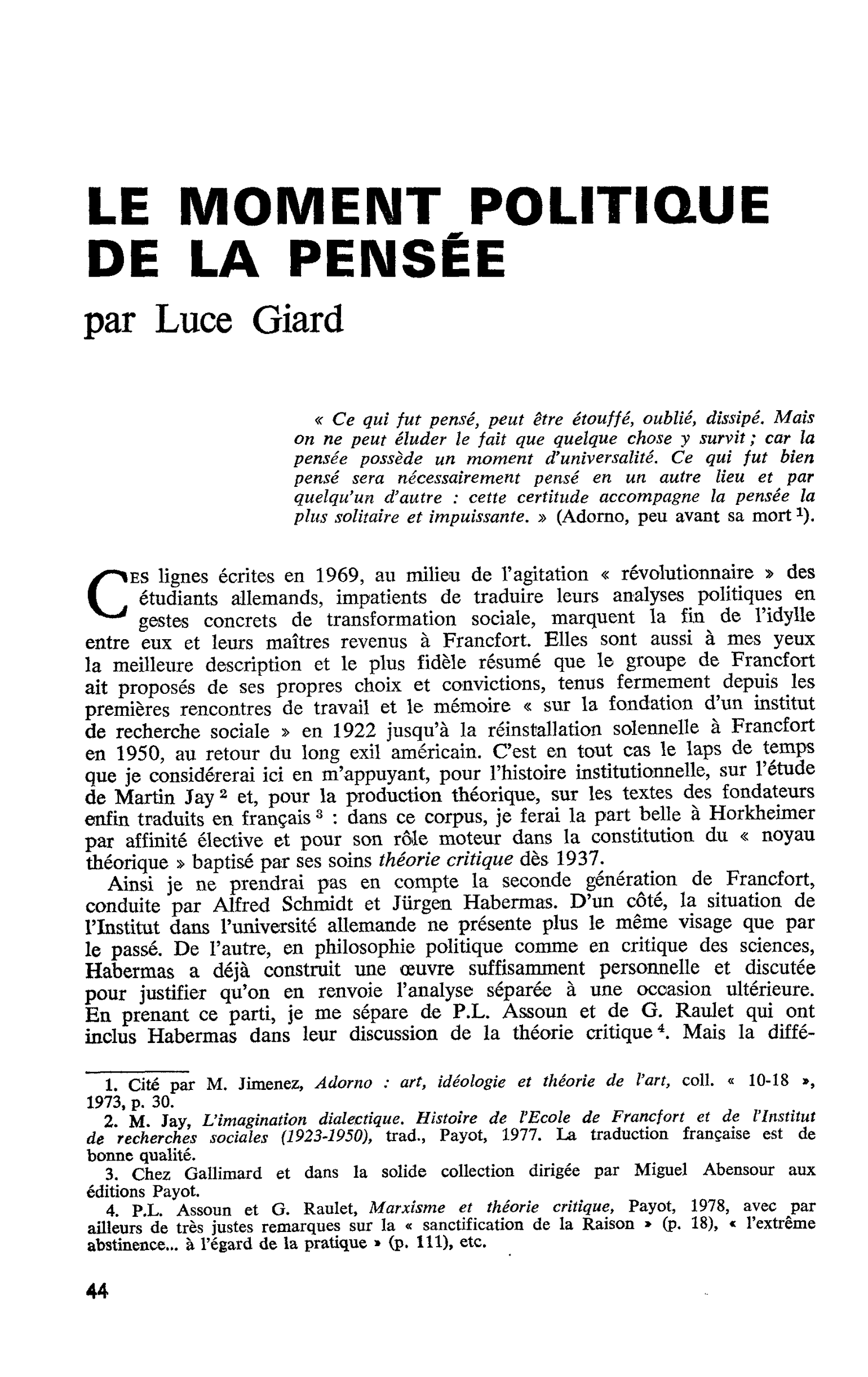 LE MOMENT POLITIQUE DE LA PENSÉE