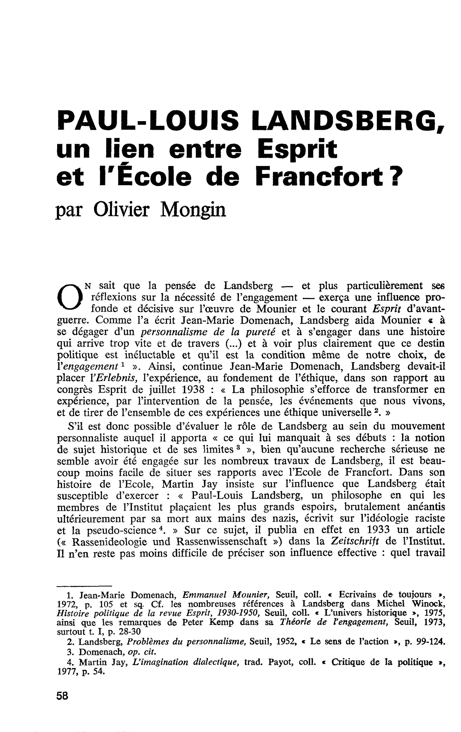 PAUL-LOUIS LANDSBERG, un lien entre Esprit et l’École de Francfort ?