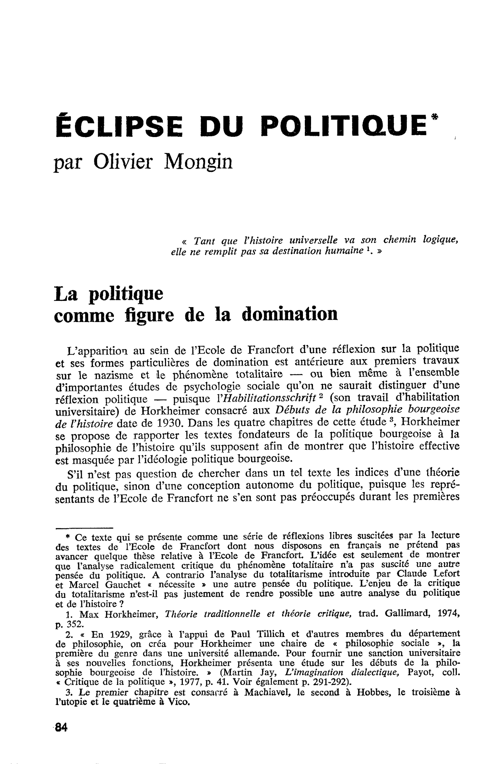 ÉCLIPSE DU POLITIQUE