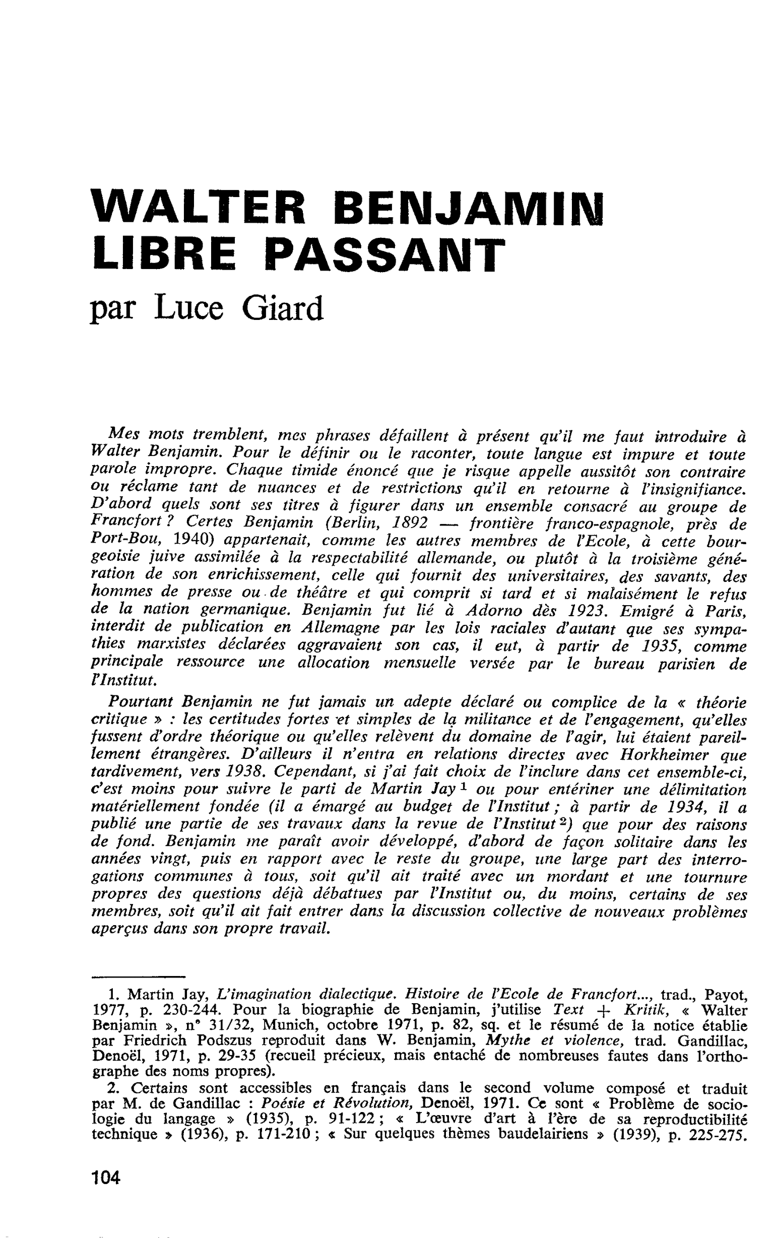 WALTER BENJAMIN LIBRE PASSANT