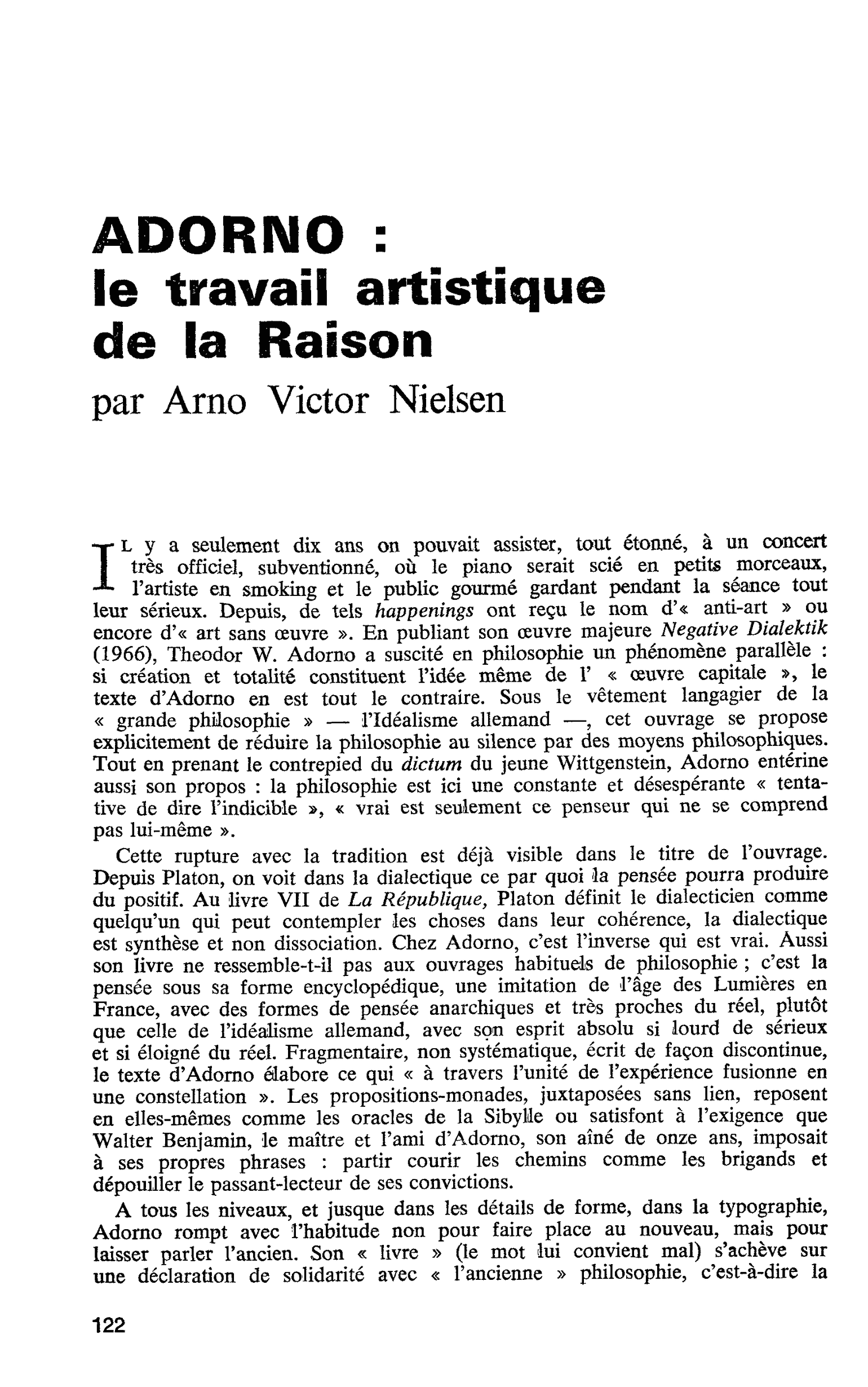 ADORNO : le travail artistique de la Raison