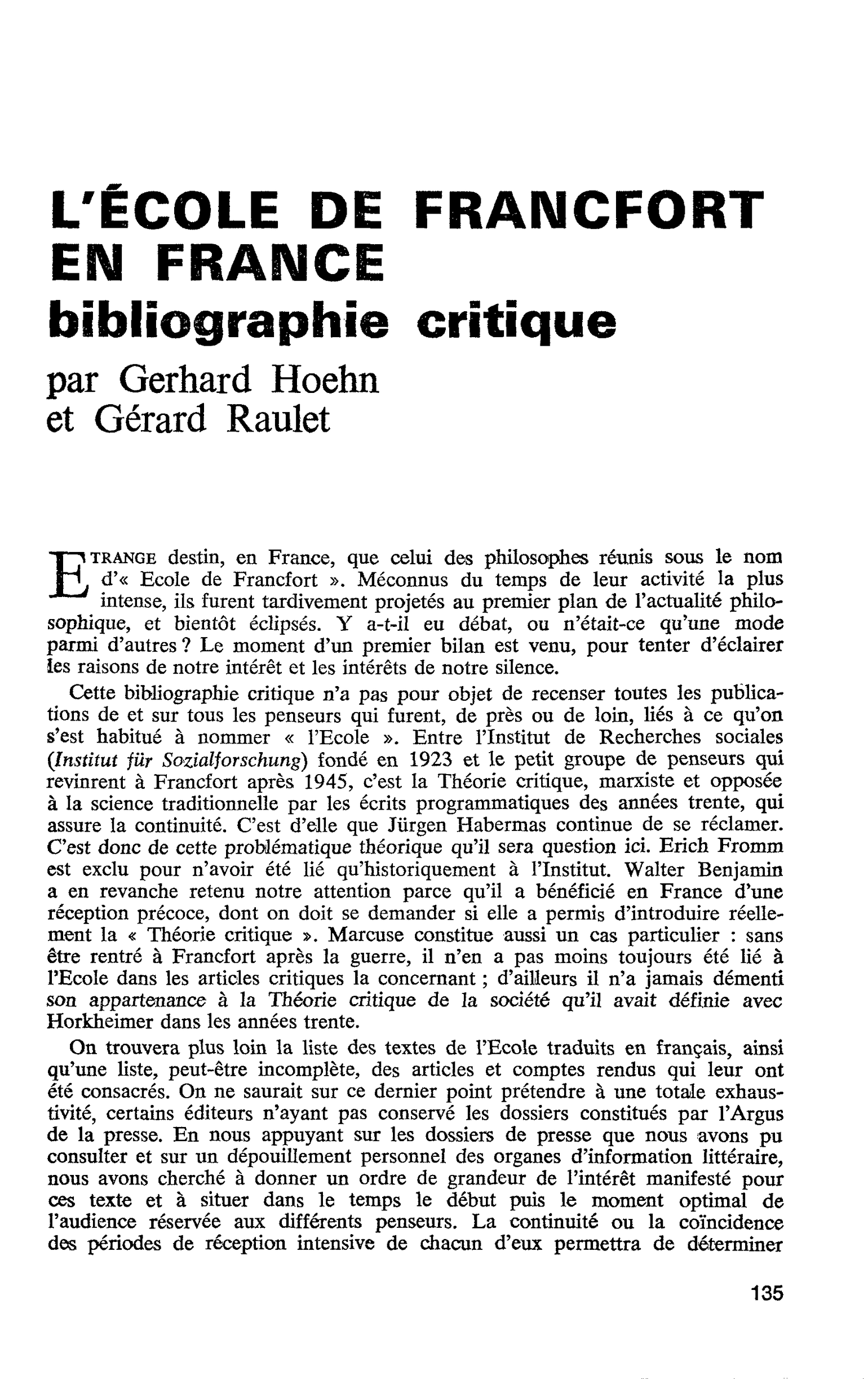 L’ÉCOLE DE FRANCFORT EN FRANCE. Bibliographie critique