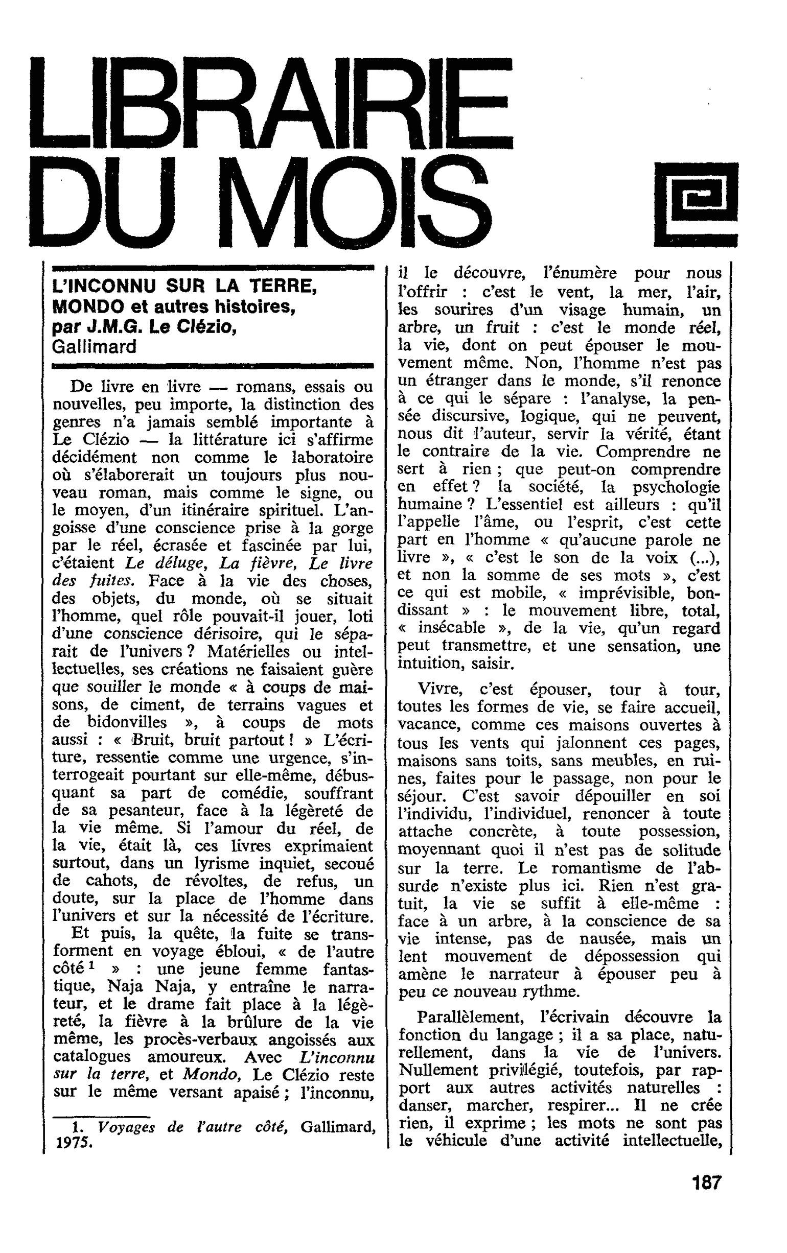 L’INCONNU SUR LA TERRE, MONDO et autres histoires, par J.M.G. Le Clézio