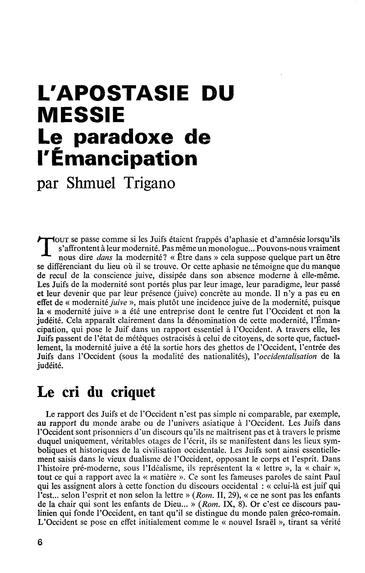 L’APOSTASIE DU MESSIE. Le paradoxe de l’Émancipation