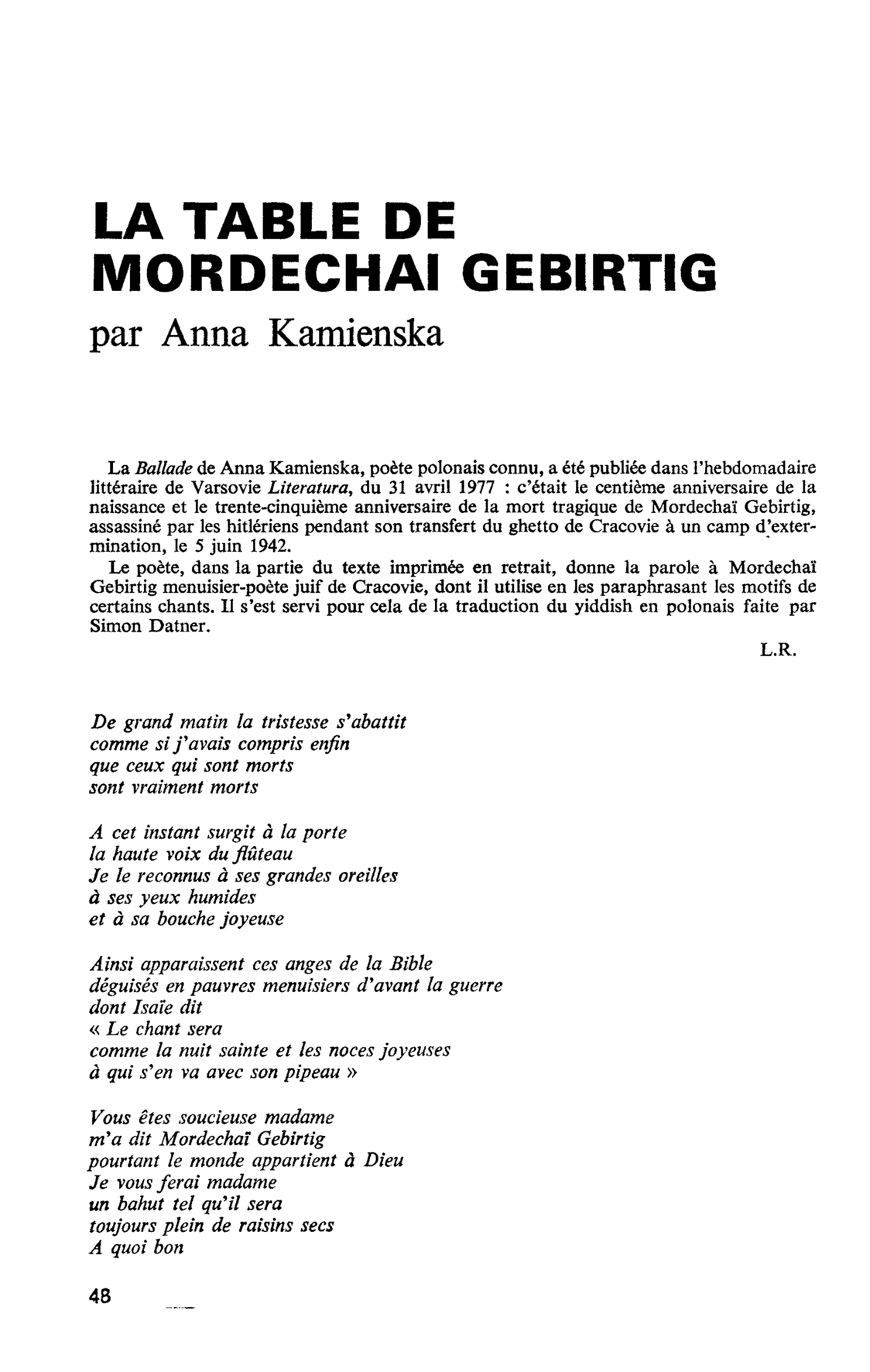 LA TABLE DE MORDECHAI GEBIRTIG