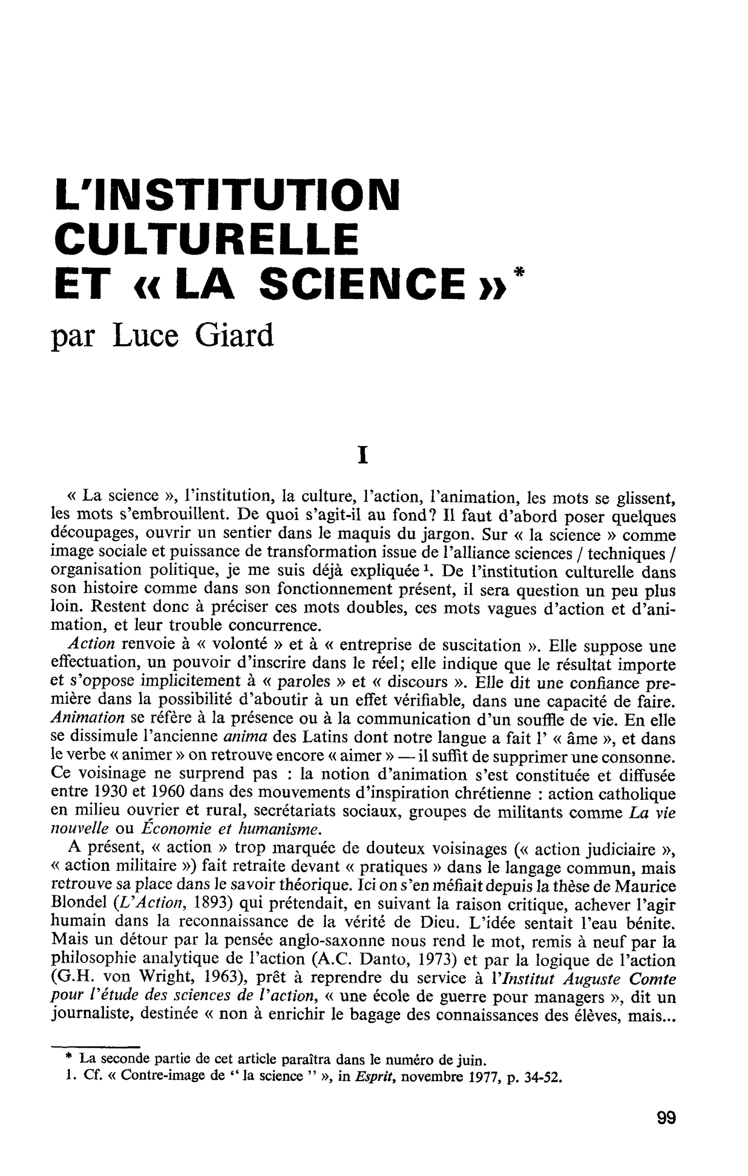 L’INSTITUTION CULTURELLE ET « LA SCIENCE »
