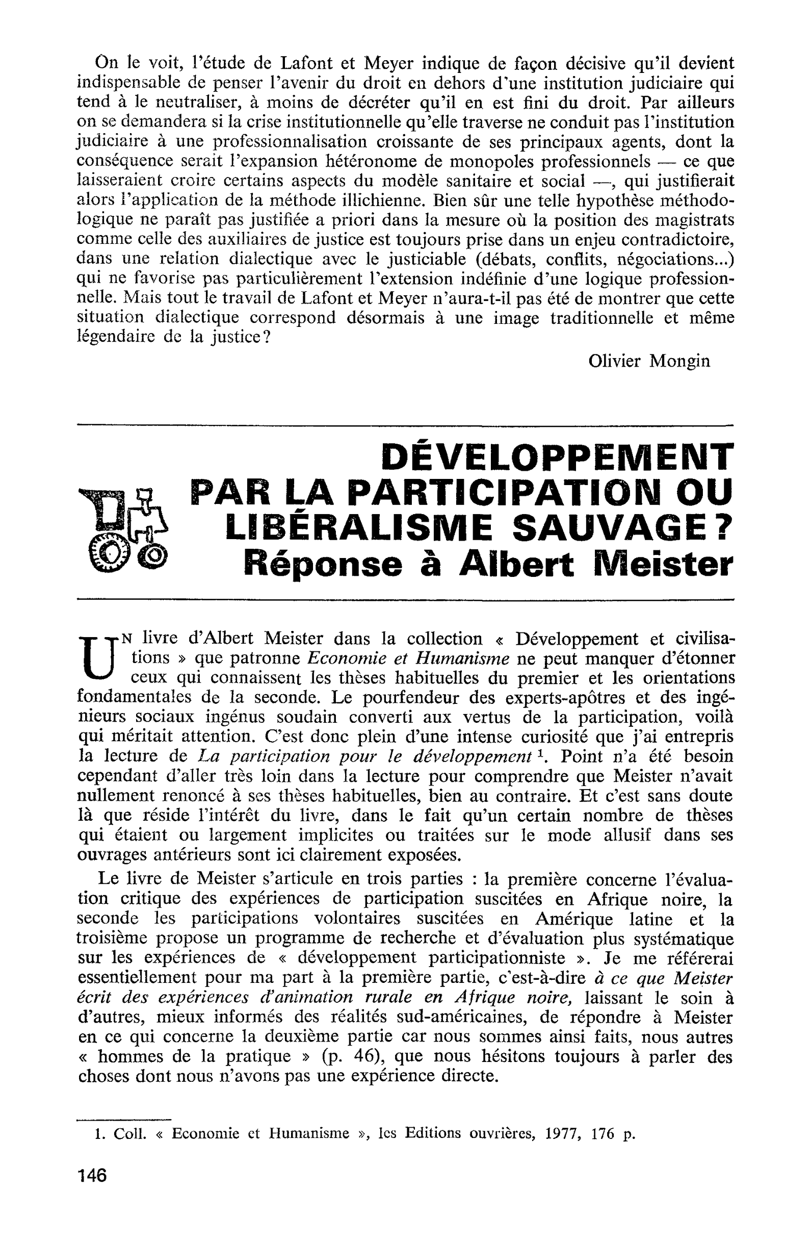 DÉVELOPPEMENT PAR LA PARTICIPATION OU LIBÉRALISME SAUVAGE ? Réponse à Albert Meister