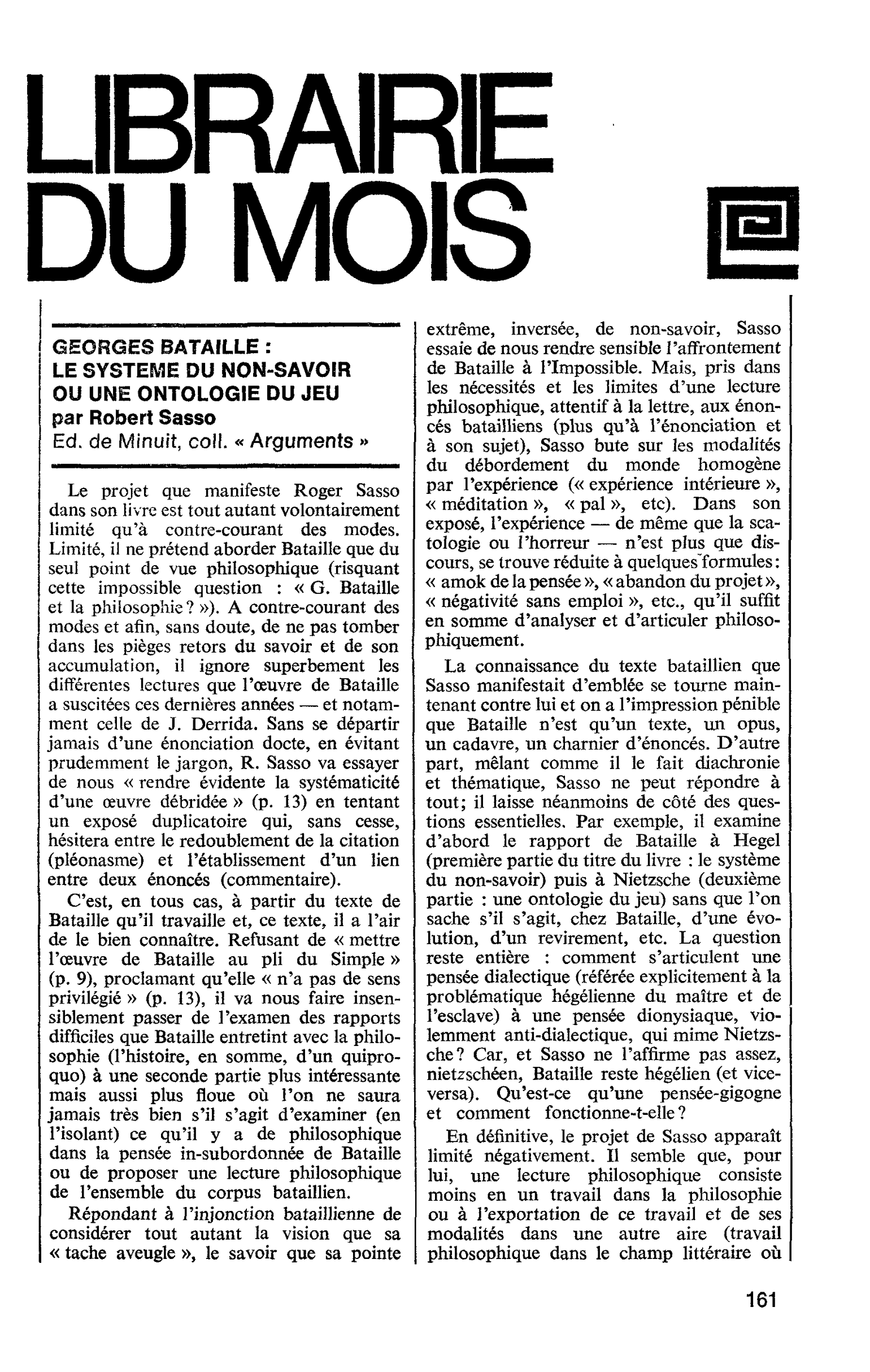 GEORGES BATAILLE : LE SYSTEME DU NON-SAVOIR OU UNE ONTOLOGIE DU JEU par Robert Sasso