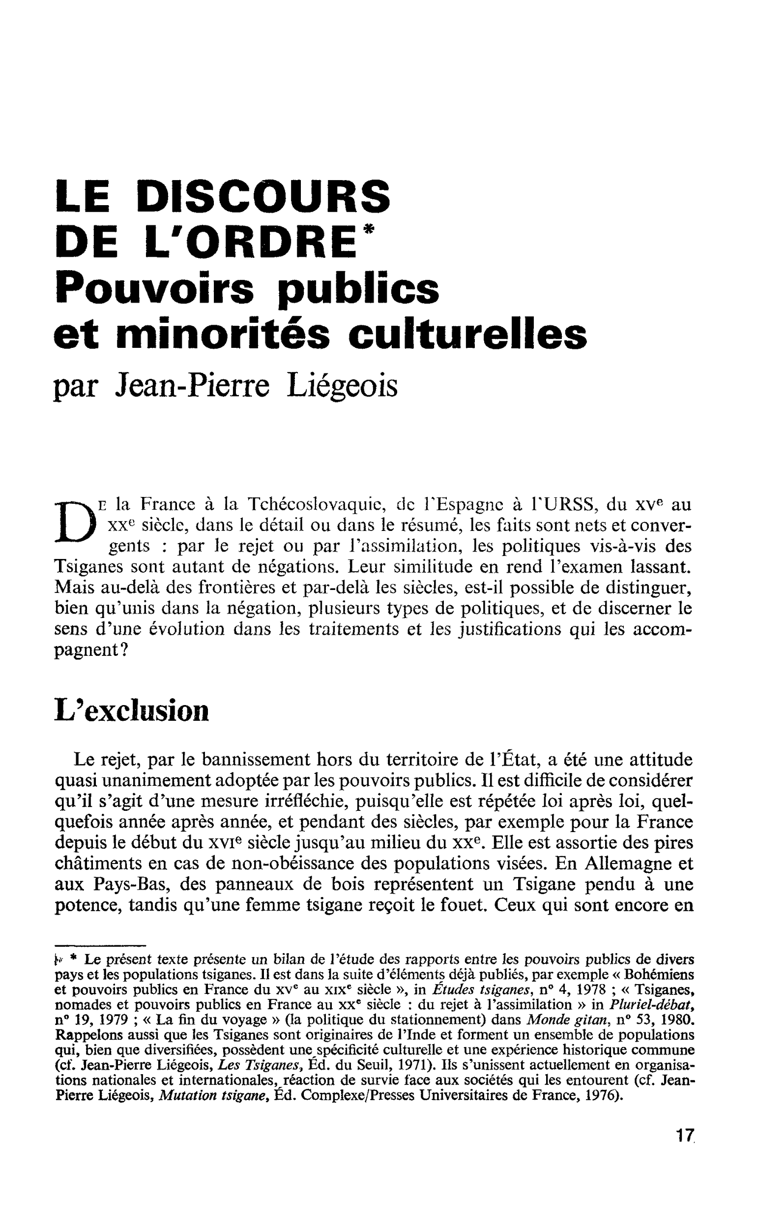 LE DISCOURS DE L’ORDRE. Pouvoirs publics et minorités culturelles
