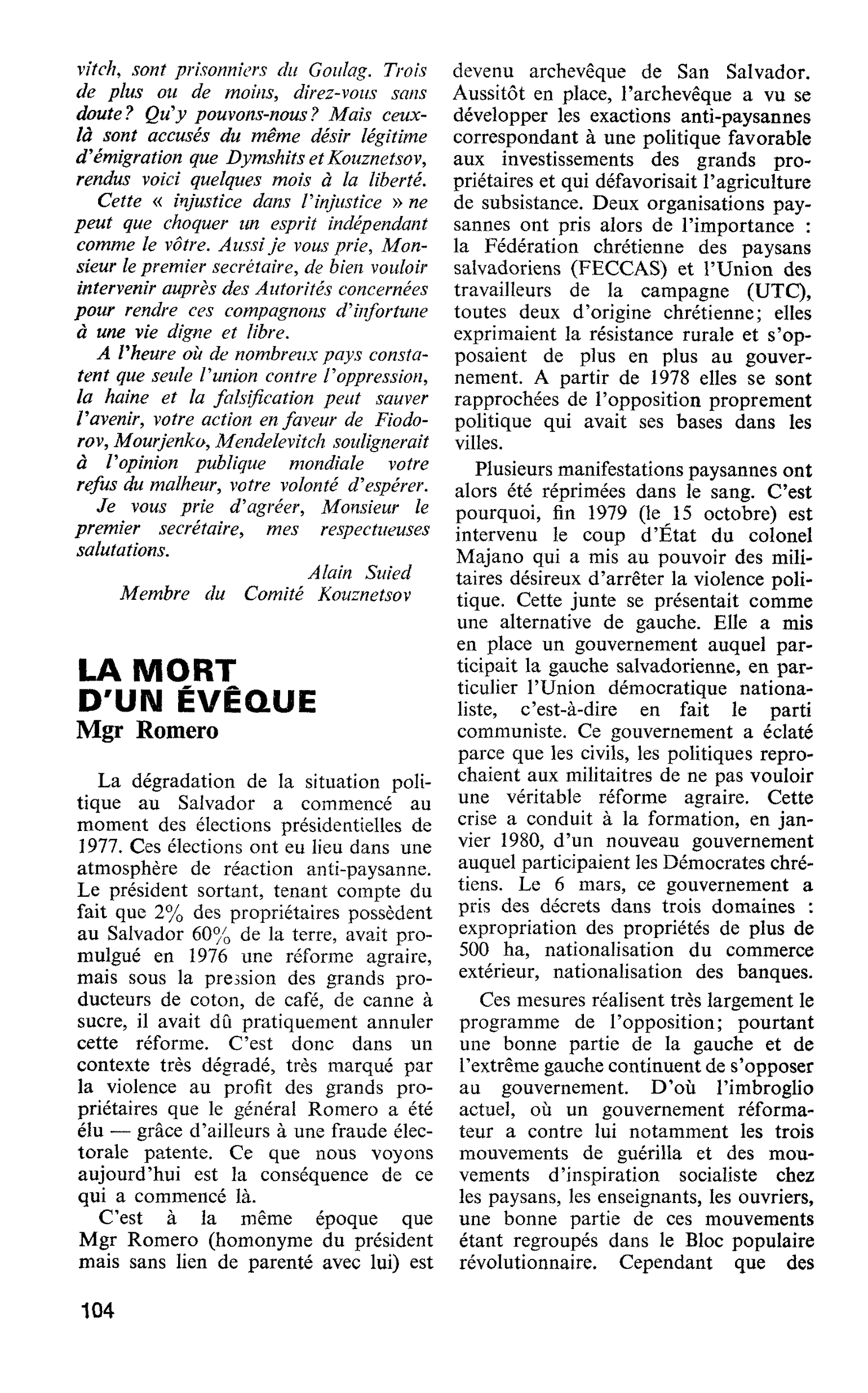 LA MORT D’UN ÉVÊQUE. Mgr Romero