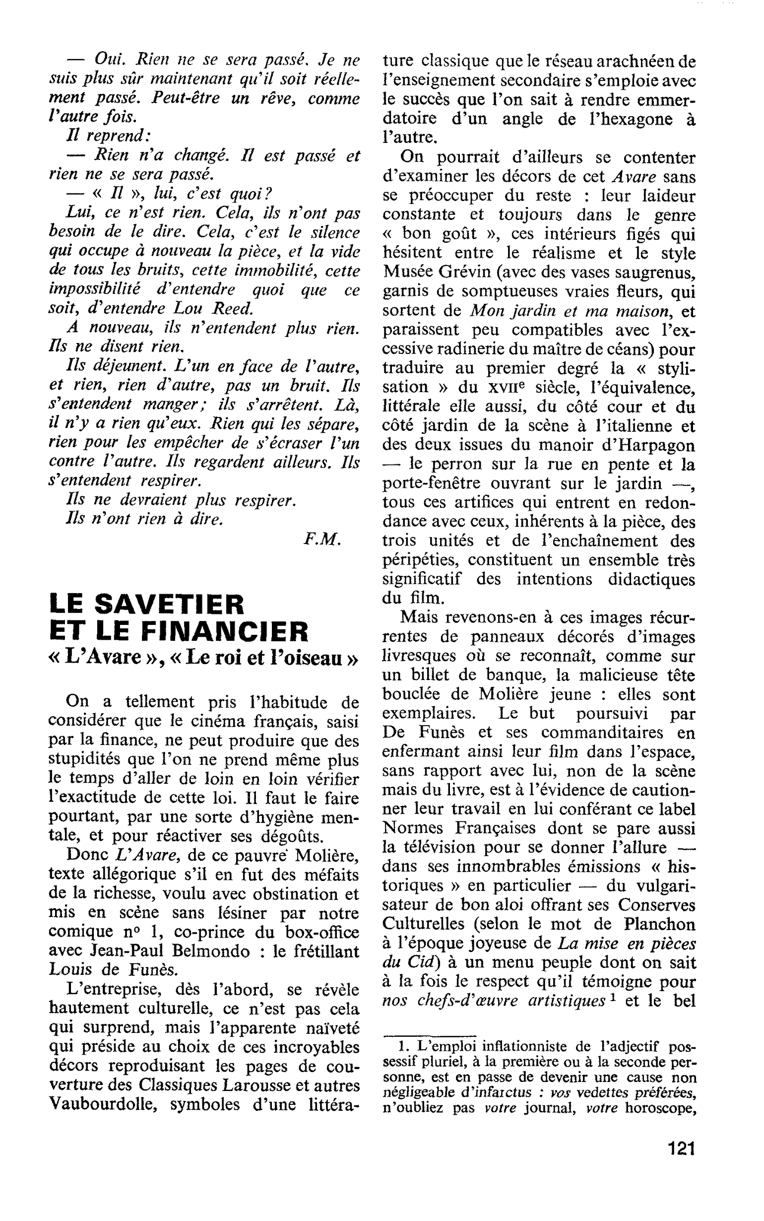 LE SAVETIER ET LE FINANCIER. « L’Avare », « Le roi et l’oiseau »
